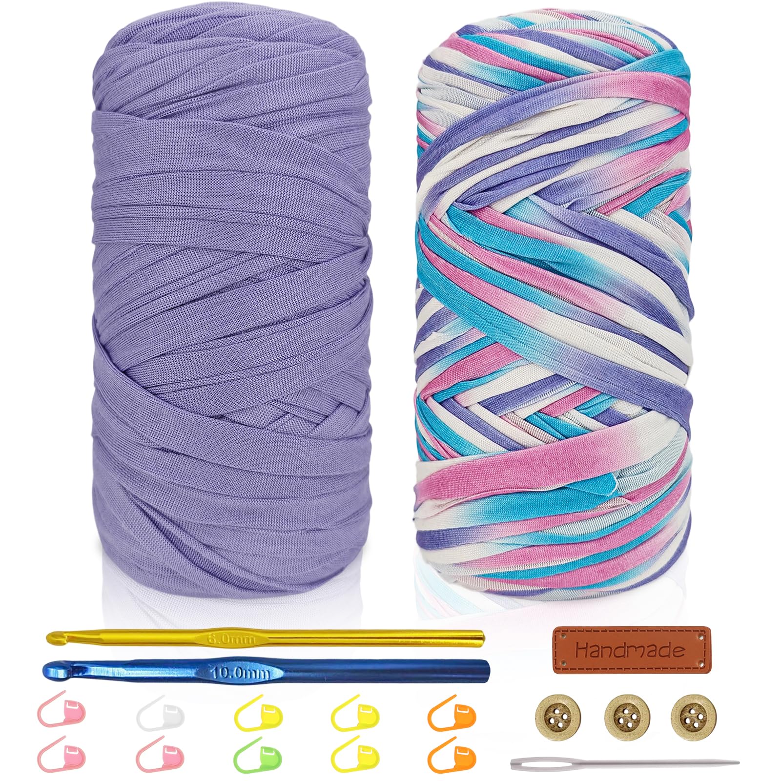Tshirt Yarn Crochet Kit 2x200g Chunky Yarn for Crocheting with 6mm & 10mm Hooks + Accessories, Rich Color Combinations - Suitable for Beginners, Ideal for Making Bags, Home Decor（Light Purple-2）