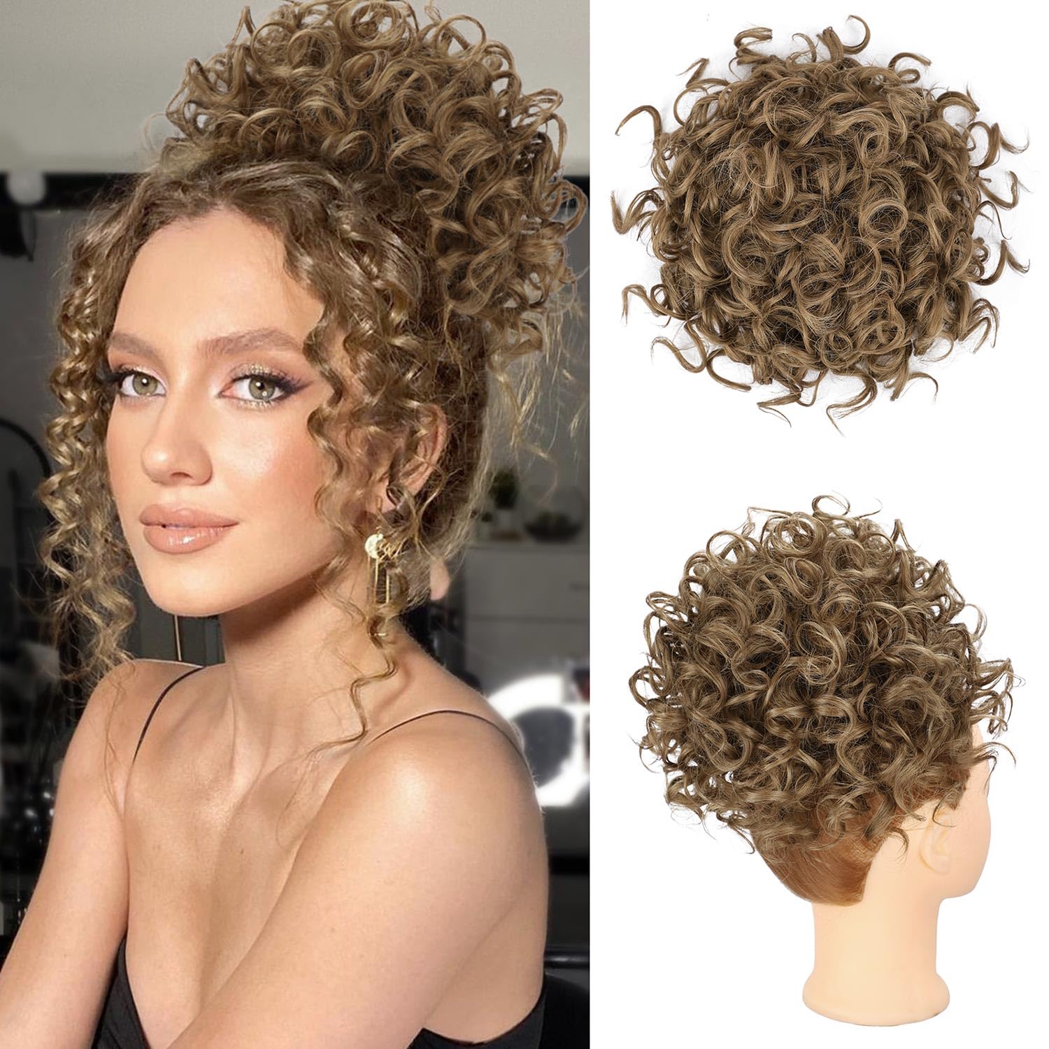Lommel Messy Bun Hair Piece,Hair Buns Hair Pieces Loose Curly Hair Buns Scrunchies Natural Soft Clip in Ponytail Thick Updo Fake Hairpiece Bun for Women Daily Use(Light Brown with Blonde)