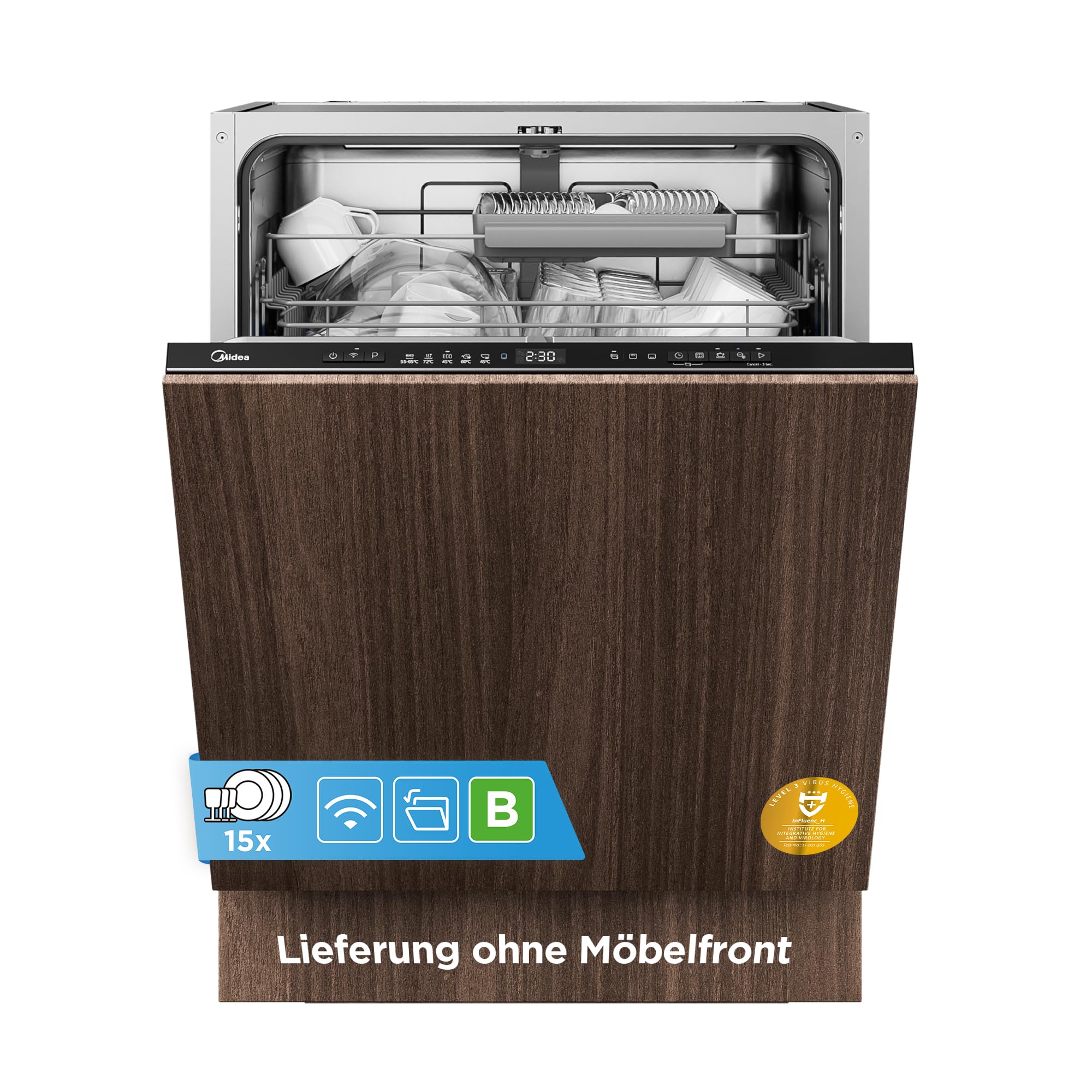Midea Vollintegrierter Geschirrspüler 60 cm, 15 Maßgedecke, 42dB Leise, Startzeitvorwahl 24h, 9 Programme, Ion Dishfresh, Automatische Önung, Spülmaschine mit WiFi, MDWEB1503MB-EB