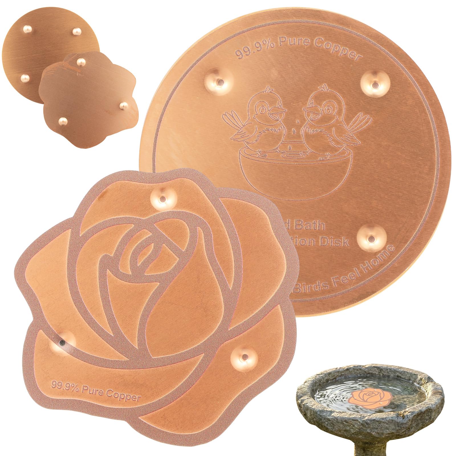 shaojian 2Pcs Bird Bath Copper Disk, 99.99% Pure Copper Disc for Bird Bath, 4inch Outside Birdbath Purification Disks to Keep Outdoor BirdBath Water Fresh(set D)