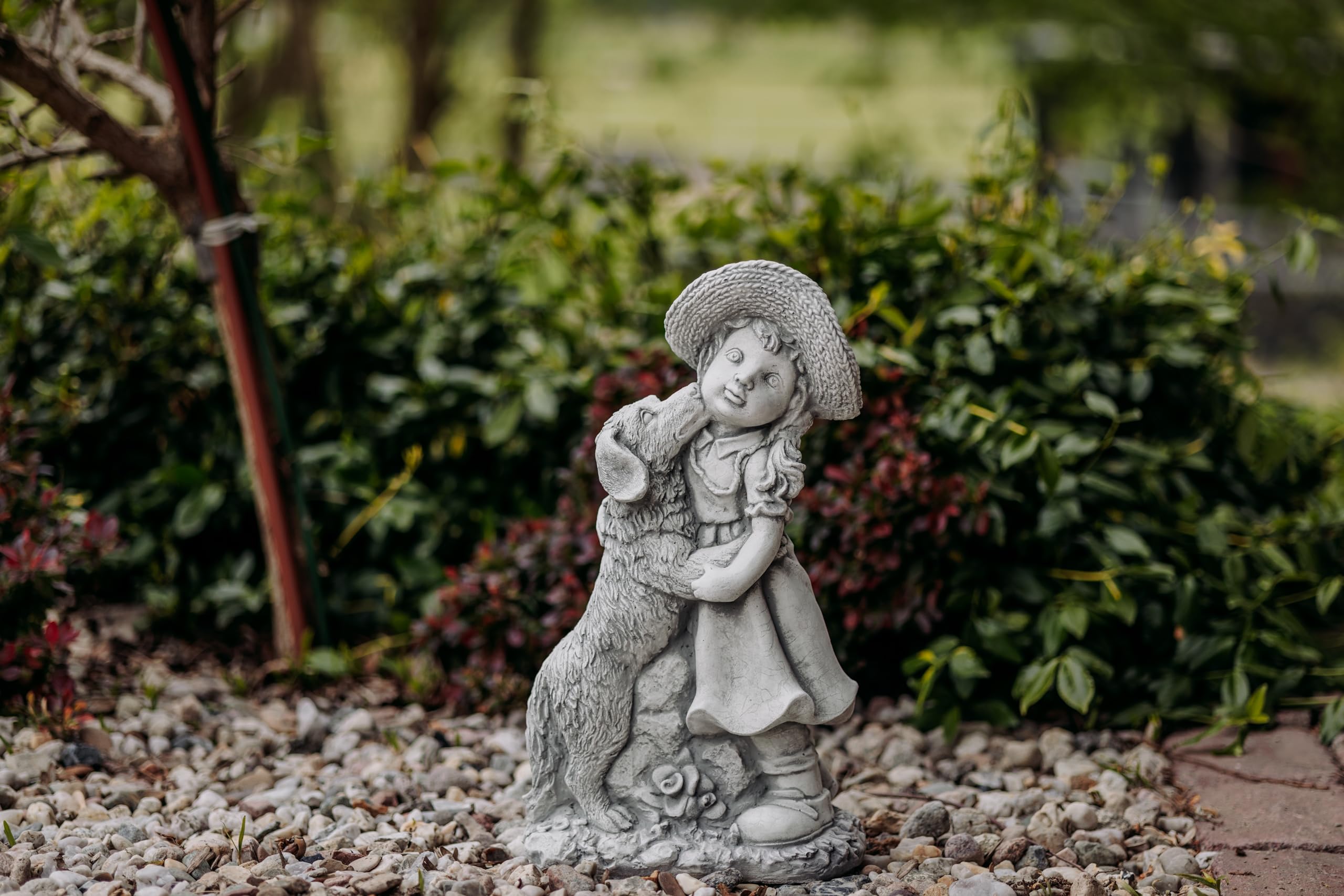 gartendekoparadies.de Mädchen mit Hund, Steinfigur H. 47 cm, 13 kg, Grau, frostsicher aus Steinguss für Außenbereich