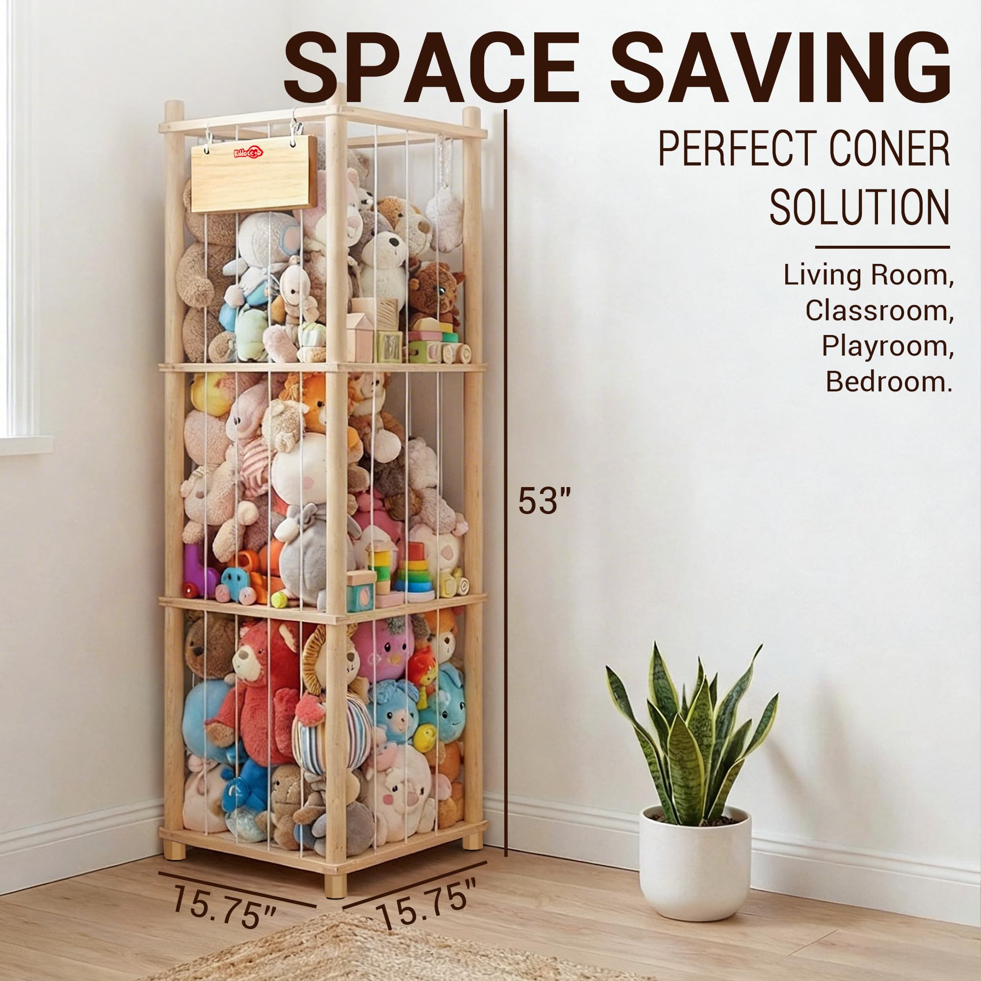 KiddoCood Kids CPC & TIC Certified Stuffed Animal Storage - 3-Tier Natural Solid Wood Plush Toy Organizer & Holder, Corner Solution for Playroom & Nursery, BPA-Free & Zero Glue - 4