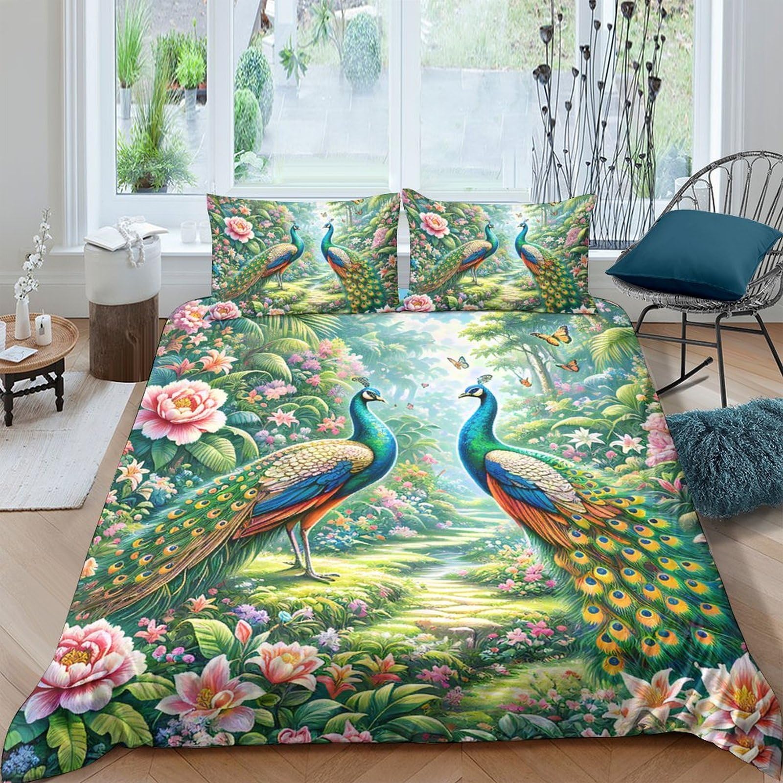 Ctjqhvkz Style-1 3D Printed Peacock Garden Fitted Sheet Microfiber Soft Green Floral Mattress Cover Anti-Slip Machine Washable For Bedroom Guest Room Single（135X200cm）