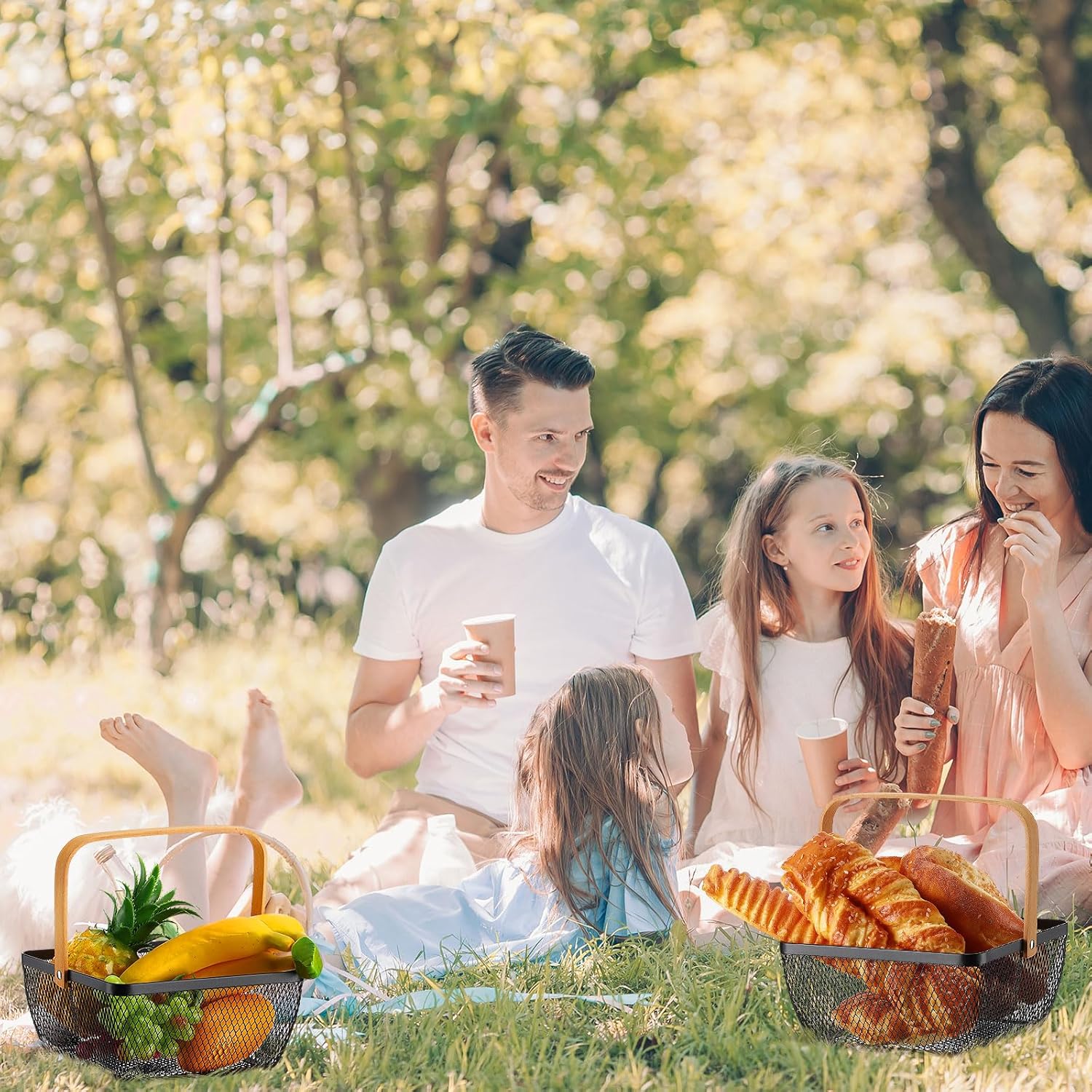 6 Pcs Metal Mesh Steel Basket with Handle Small Shopping Baskets Square Wire Harvest Storage for Kitchen Storage Garden Picnic Bathroom Organizing, 8.46 x 8.46 x 4.13 Inch(Black)