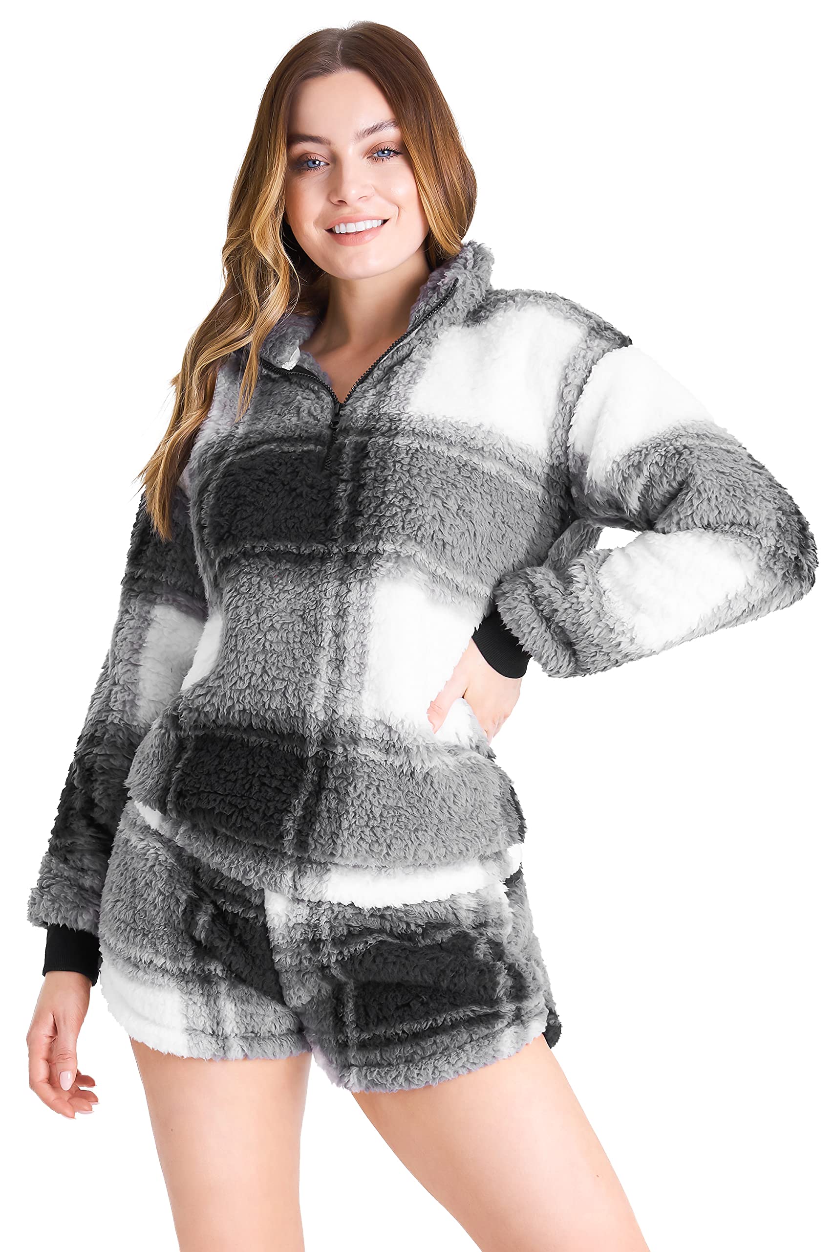 Citycomfort Women's Checked Pyjamas, Fluffy Fleece Loungewear Set, & Teens (, L) Large