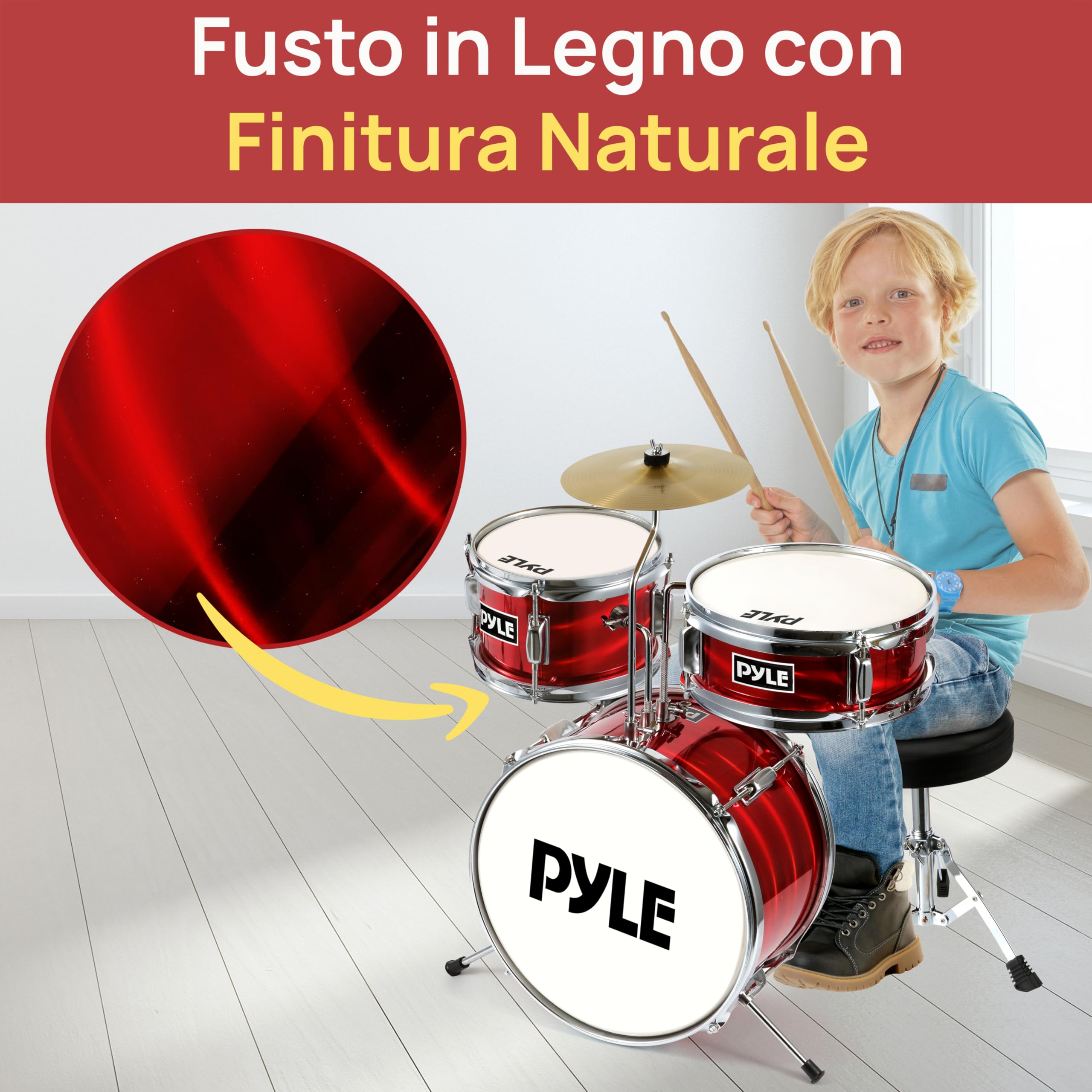 Pyle Set di Batteria per Bambini, Kit Iniziale 3 Pezzi con Grancassa da 33 Centimetri, Rullante, Tom, Piatti e Bacchette Batteria