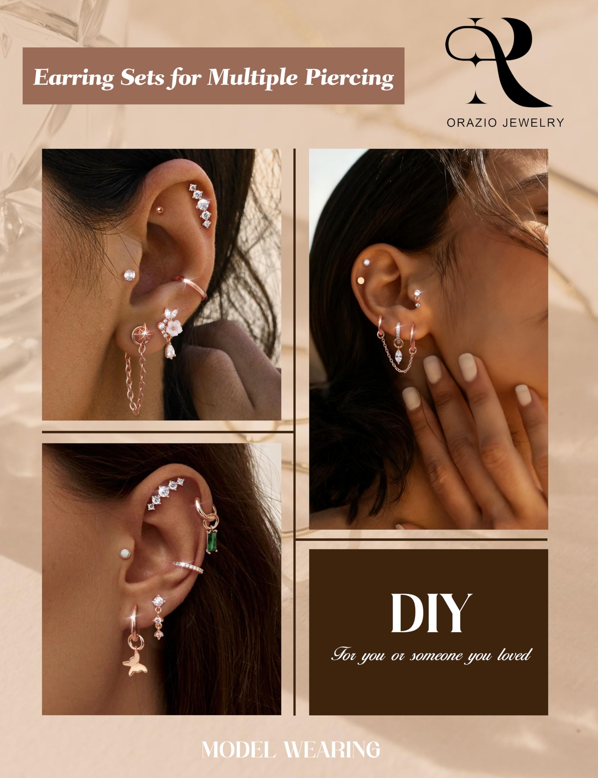 ORAZIO 16G Cartilage Earrings for Women - 14K Gold Plated Flat Back Earrings Hypoallergenic Surgical Stainless Steel Stud Hoop Earrings Set for Sensitive Ears Daith Conch Tragus Helix Piercing Jewelry