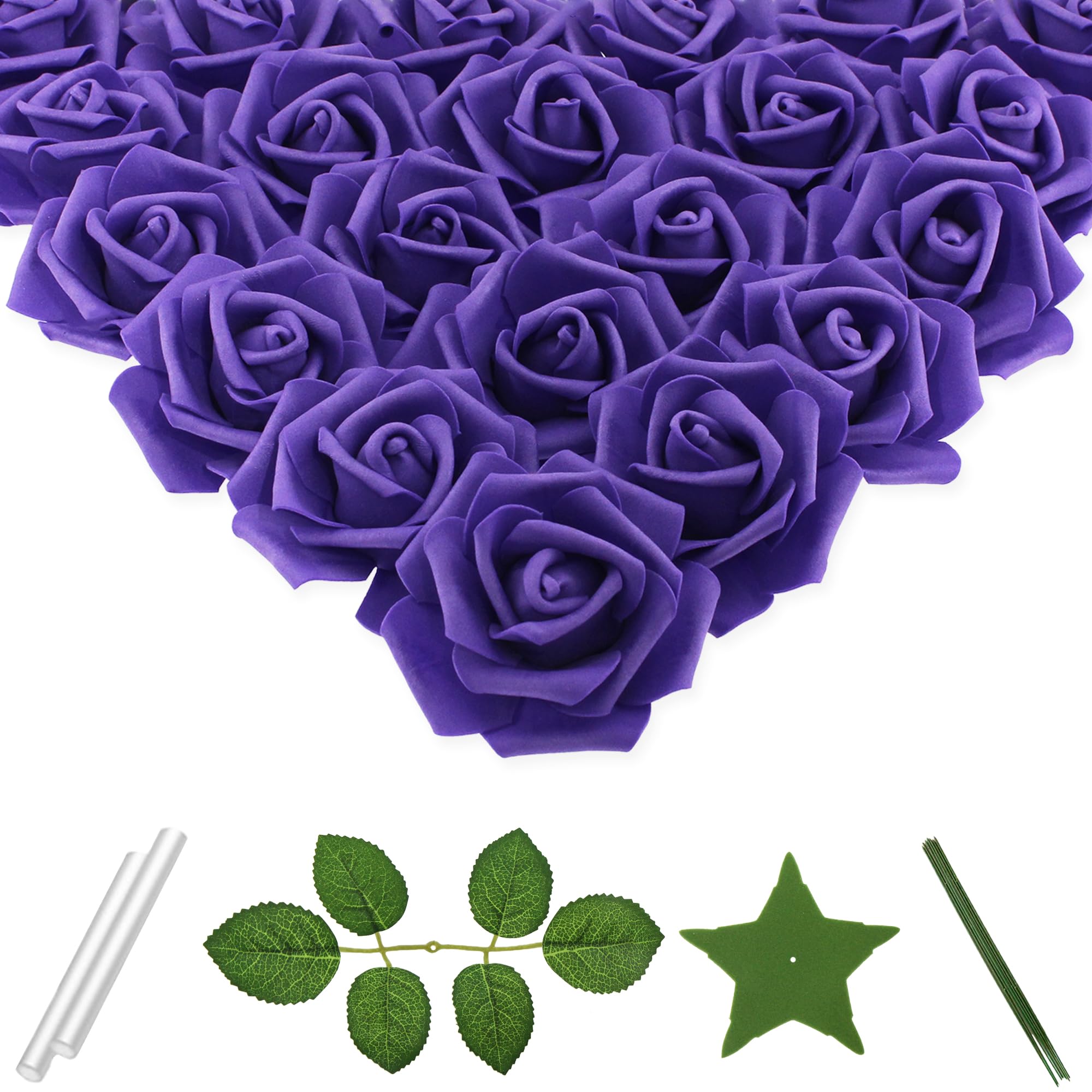 Vignor 100 Pcs 3 Inch Artificial Flowers Bulk 5 in 1 Set Faux Foam Fake Rose Head Wedding Decoration Bridal Shower Centerpiece Arrangement Wall Table