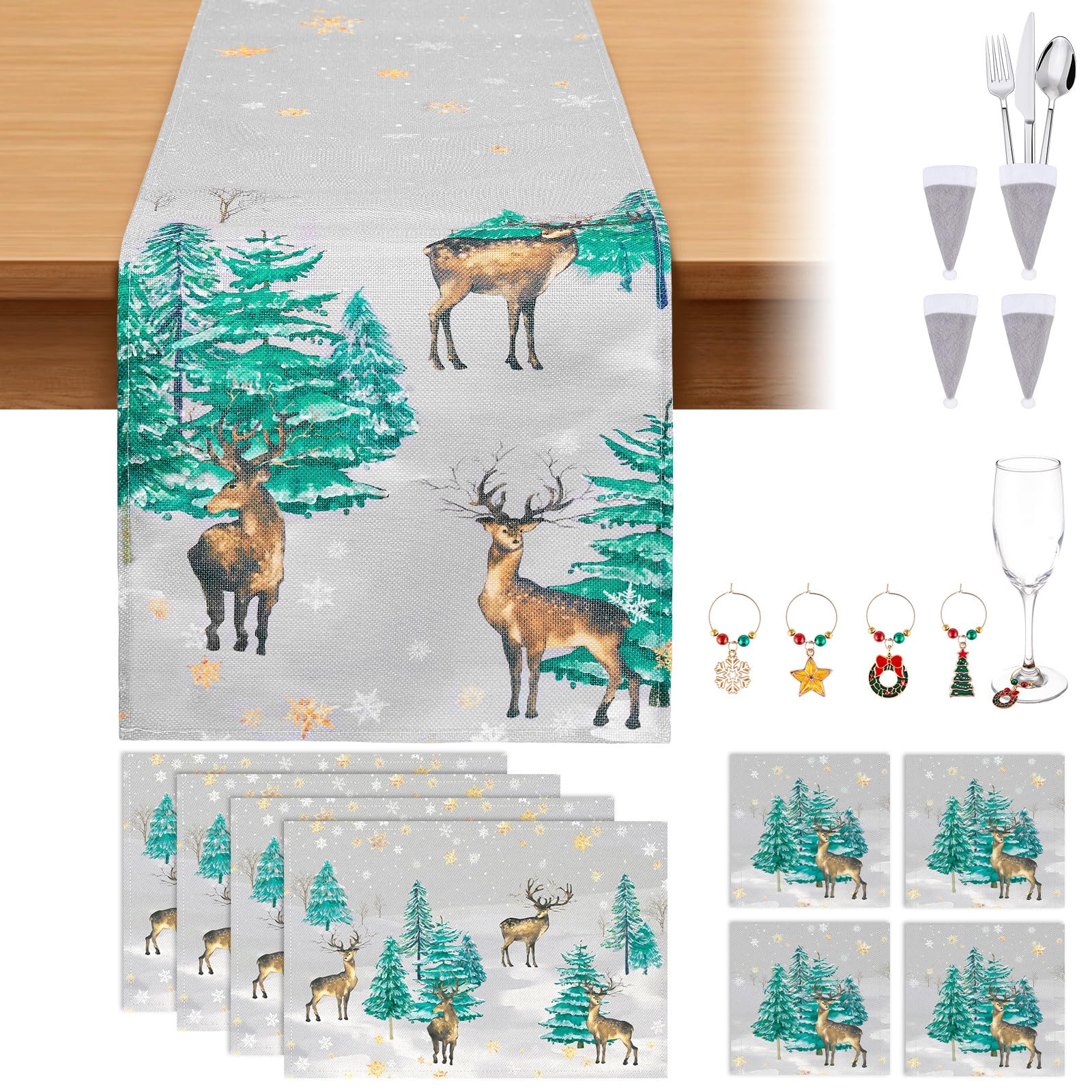 Phestival 17 IN 1 Premium Table Runner, Table Runners for Dinner Table Placemats Sets, Coasters, Wine Glass Charms