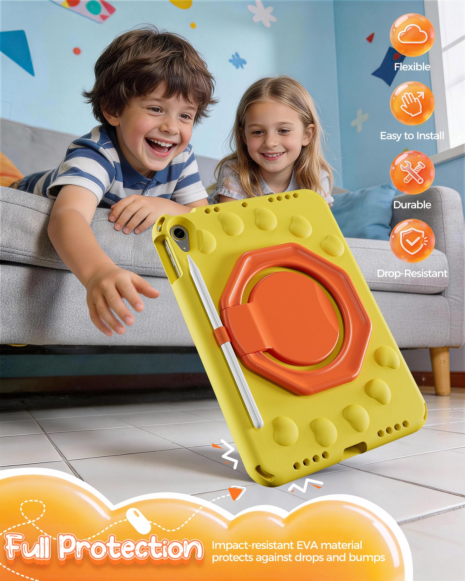 ProCase Funda Infantil para iPad 11/10.9 Pulgadas (A16 2025, 10ª Gen 2022, Air 11" M3/M2 2024-2025, Air 10.9" 5ª/4ª Gen 2020-2022), Antigolpes con Soporte para Lápiz - Amarillo