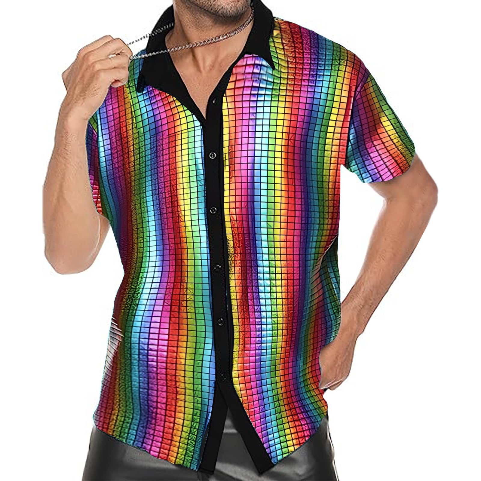 JIAHG Chemise à Pailletes Homme Disco à Manches Courtes Vintage Haut à Sequin Scintillant des années 70 Chemise à Boutons Col à Revers pour Festival de Musique Danse Bal Soirée Carnaval
