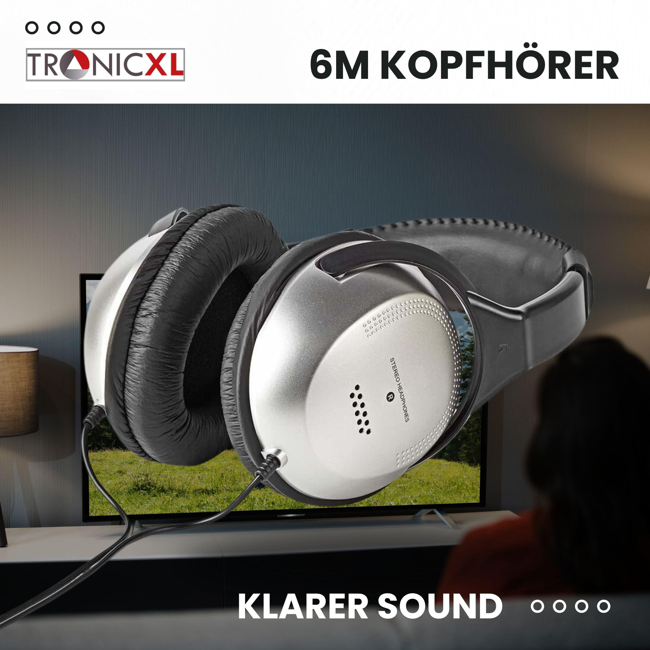 TronicXL Fernsehkopfhörer Stereo 6m Kabel kompatibel Sony LG Panasonic Grundig Samsung
