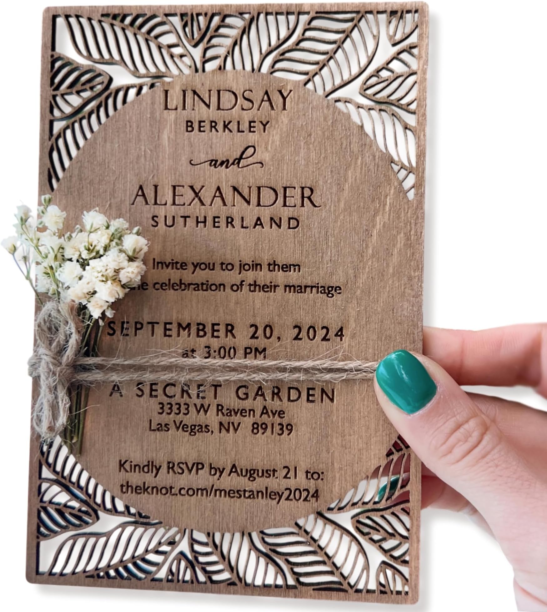 Pack of Personalized Wood Wedding Invitation - Laser Cut Wedding Invitations - White Flower Twined Wooden Invitations with Envelopes & Stickers