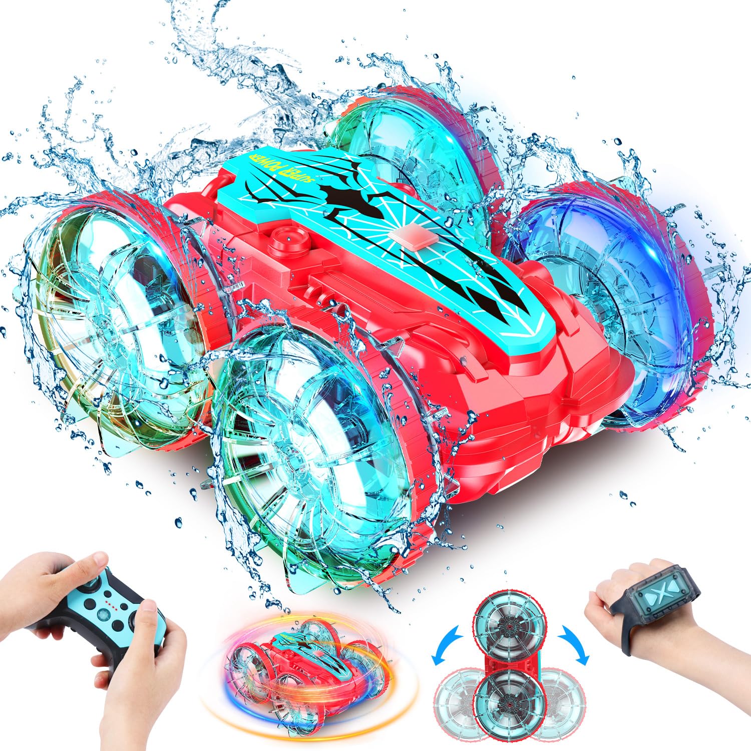 Coche Teledirigido, 4WD Coches Teledirigidos para Niños All Terrain Anfibio de 2,4 GHz e Impermeable, 360°de Doble Cara, Luces LED, Juguete de Coche RC Recargable Regalos para Niños de 3 Años y Más