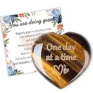 QINJIEJIE Tiger Eye One Day at A Time Heart Stones Healing Crystal Thinking of You Gifts for Anxiety Relief Items You Got This Inspirational for Best Friend Encouragement Gift for Women Men