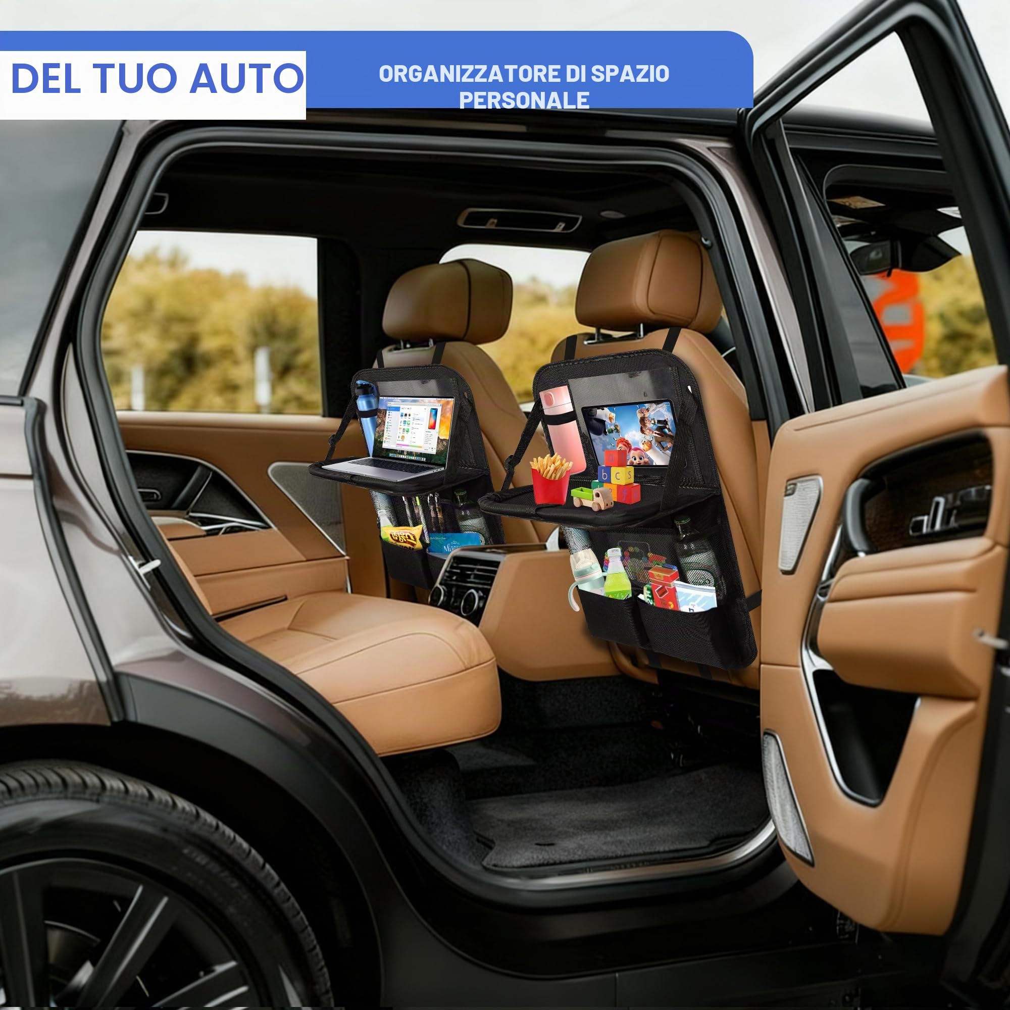 Organizer Auto 2 Pezzi, Nero con Vassoio Pieghevole, 10 Tasche, Porta Tablet da Auto | Protezione Sedile Auto Bambini Posteriore Universale (2)