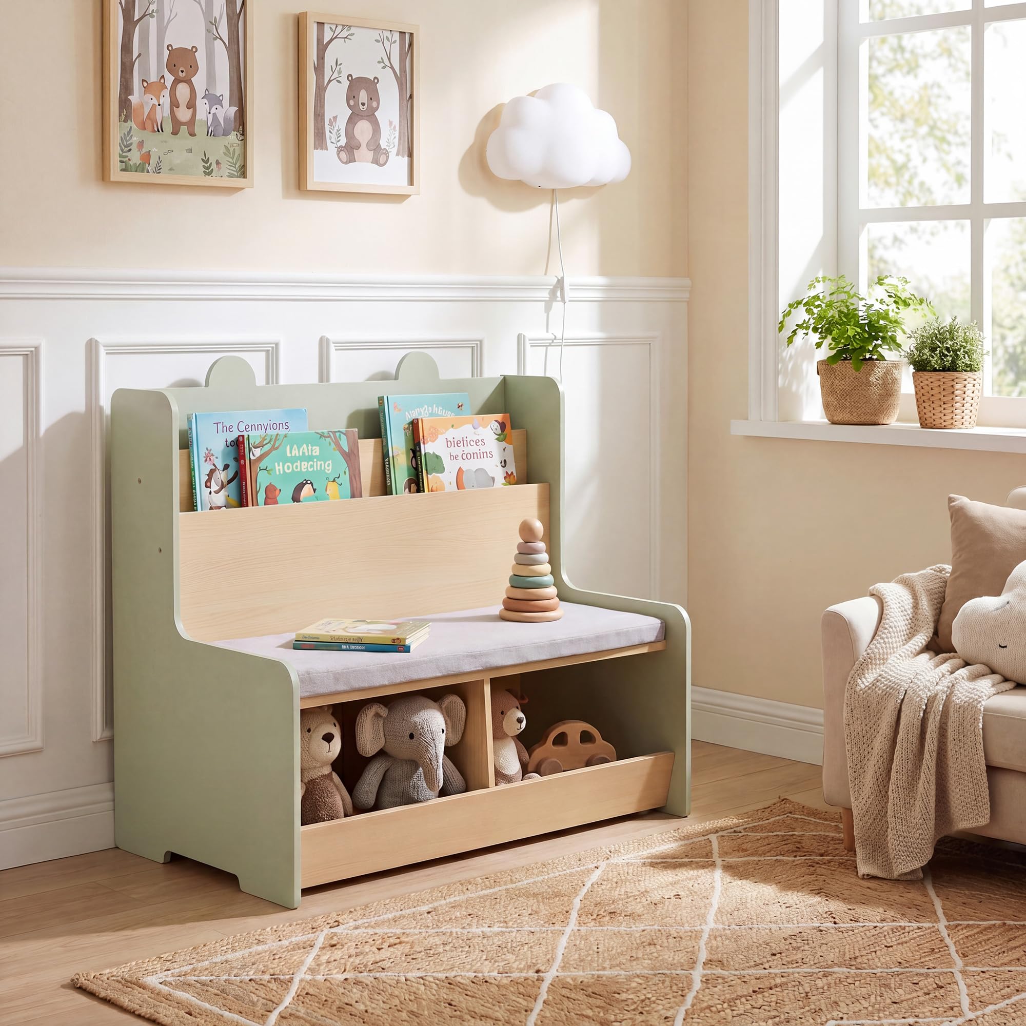 LIFEZEAL Bibliothèque Enfant avec Banc, Étagère à Livres à 2 Niveaux & 2 Compartiments Range-Jouets, Assise Rembourrée, Meuble Rangement pour Chambre d’Enfant, Crèche, pour 3+ Ans (Vert)