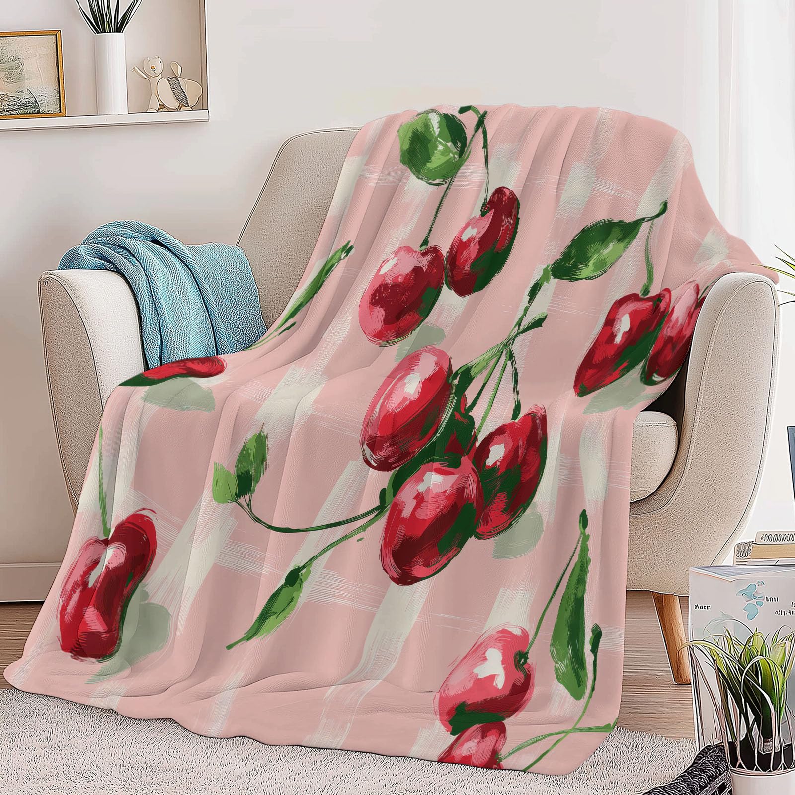 Przytulny koc flanelowy, puszysty, 150 x 200 cm, wiśniowa karo, jako narzuta na sofę i łóżko, miękki koc polarowy z mikrofibry, jako narzuta na kanapę, różowy
