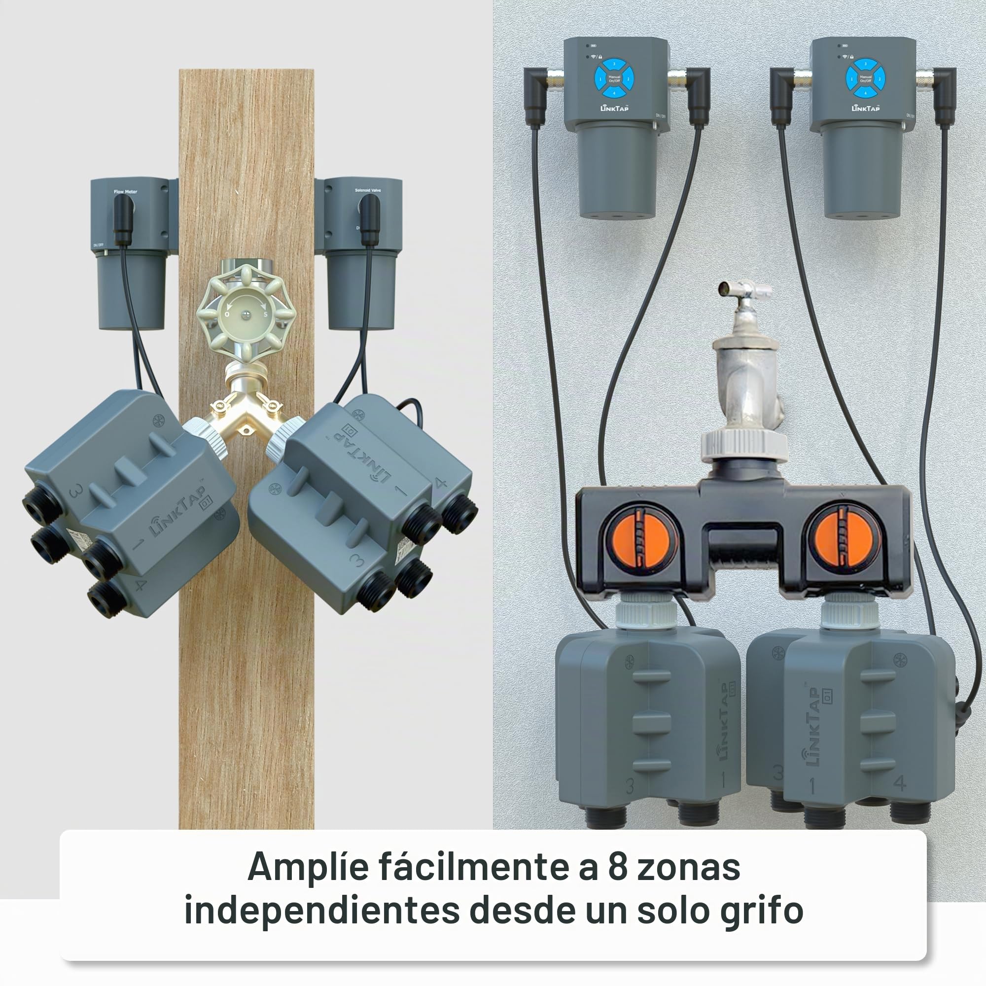 LinkTap Q1 Temporizador de Riego 4 Salidas (Requiere Gateway), Antihelada | Programador 4 Zonas Independientes para Jardín y Goteo, 4 Caudalímetros, Alimentación Flex, Red Mesh, Mayor Alcance WiFi