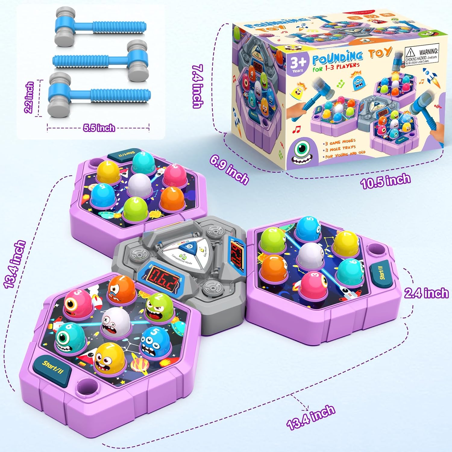ANNKIE Whack Hammer Mole Game, Toys for 3 4 5 6+ Year Old Boys Girls, Pounding Toys for Age 3-5, Birthday Gifts for 3-12 Year Old Boys Girls, Interactive Educational Toy with 3 Modes,1-3 Players
