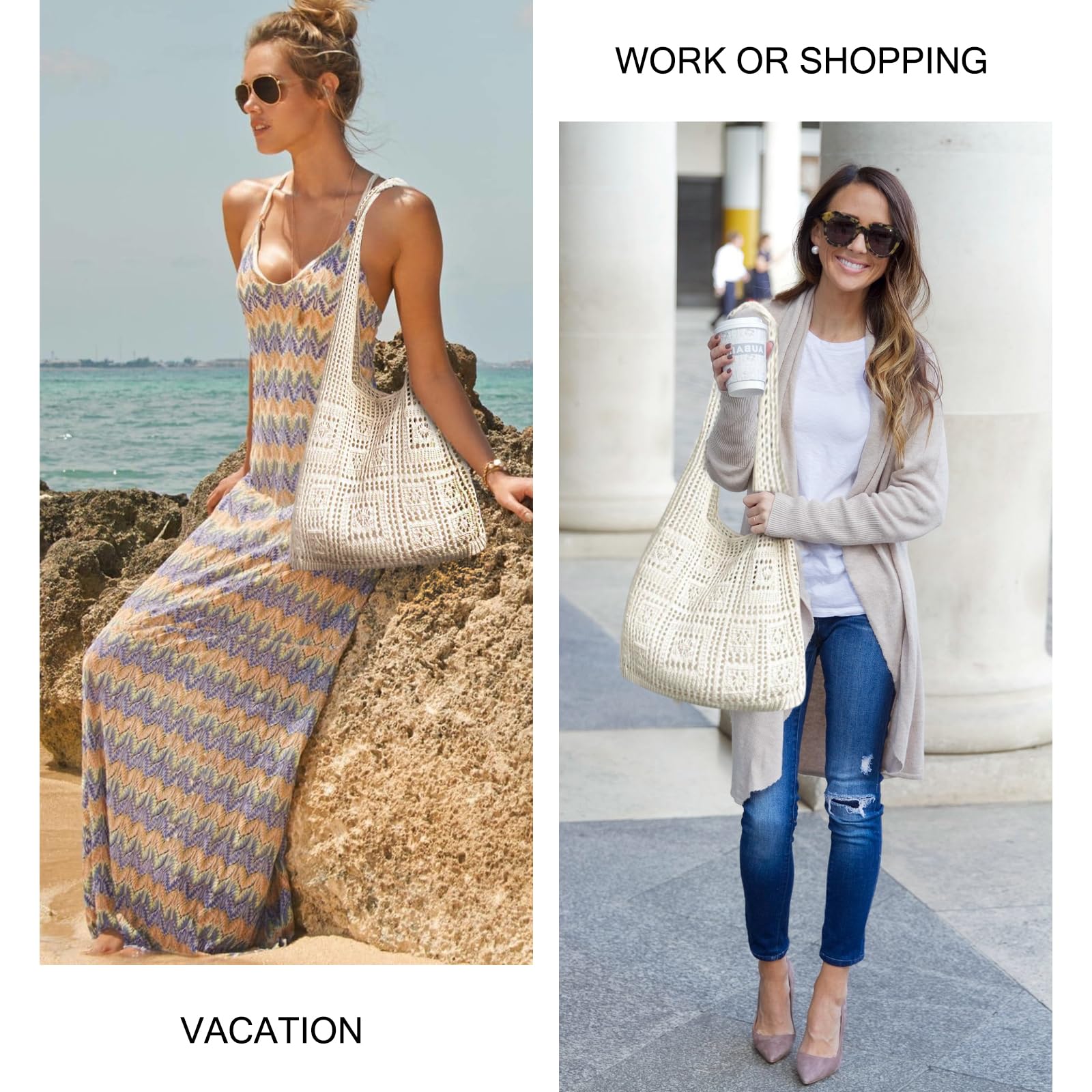JSTHHTT Borsa a Tracolla Da Donna Lavorata A Maglia, Borsa Da Spiaggia, Borsa Tote in Rete Pieghevole, Casual Tote Large, Weave Handbag, per Lavoro, Viaggio, Vacanza