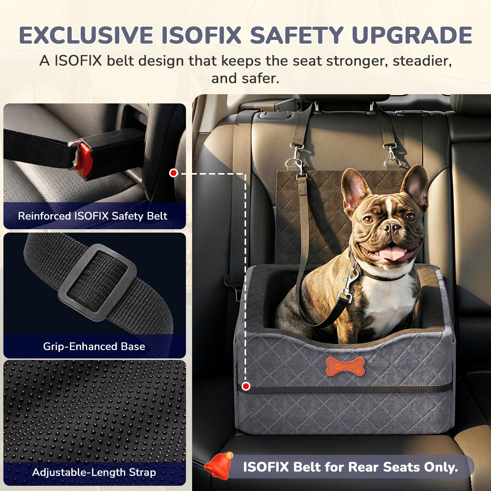Dog Car Seat for Small Medium Dogs, 6" Elevated Booster Seat with ISOFIX Safety Fixation, Washable Cover & High Density Memory Foam, Portable for Car Front/Rear/Trunk Home Outdoor Use (Charcoal Gray) - image 3