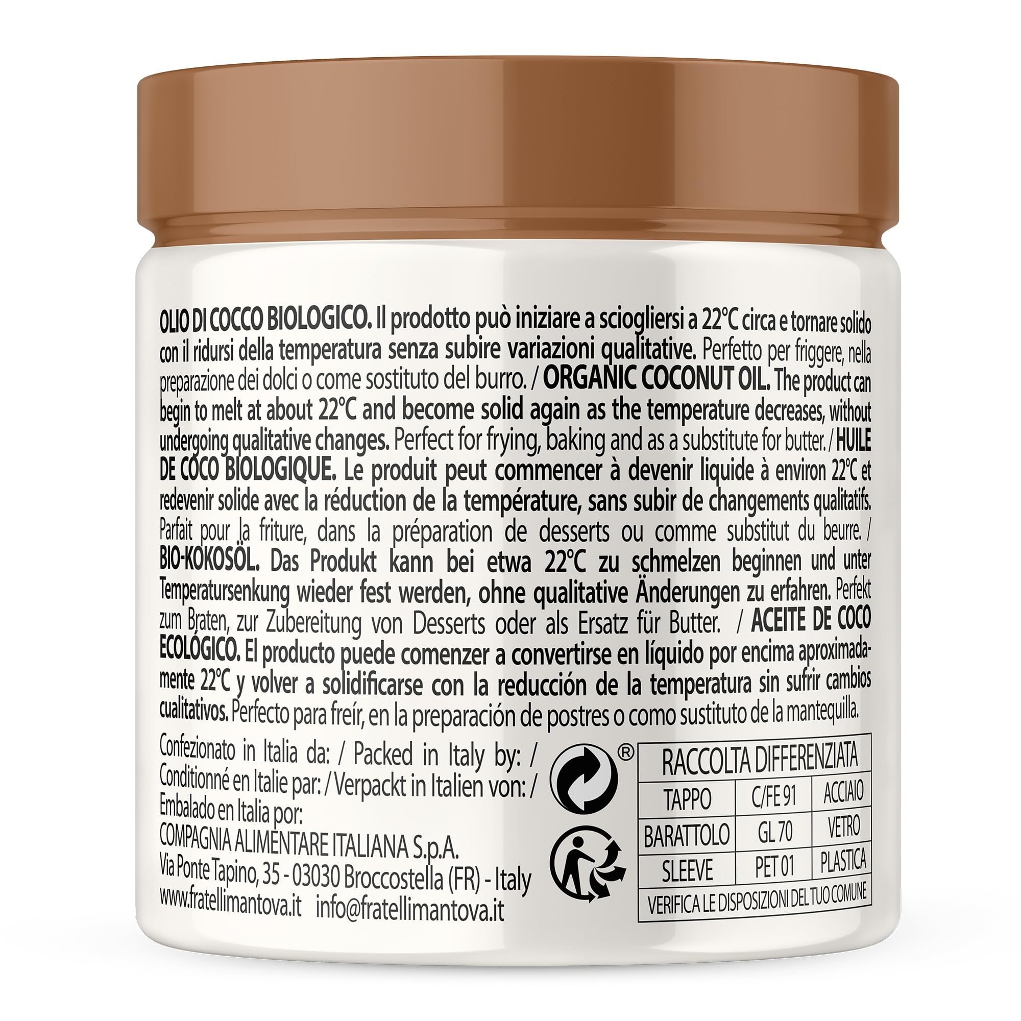 Mantova Aceite de Coco Orgánico en Tarro 200ml – Natural, Vegano, Saludable – Para Cocina, Horno, Sartén, Smoothies y Snacks – Energía y Bienestar – Idea de Regalo
