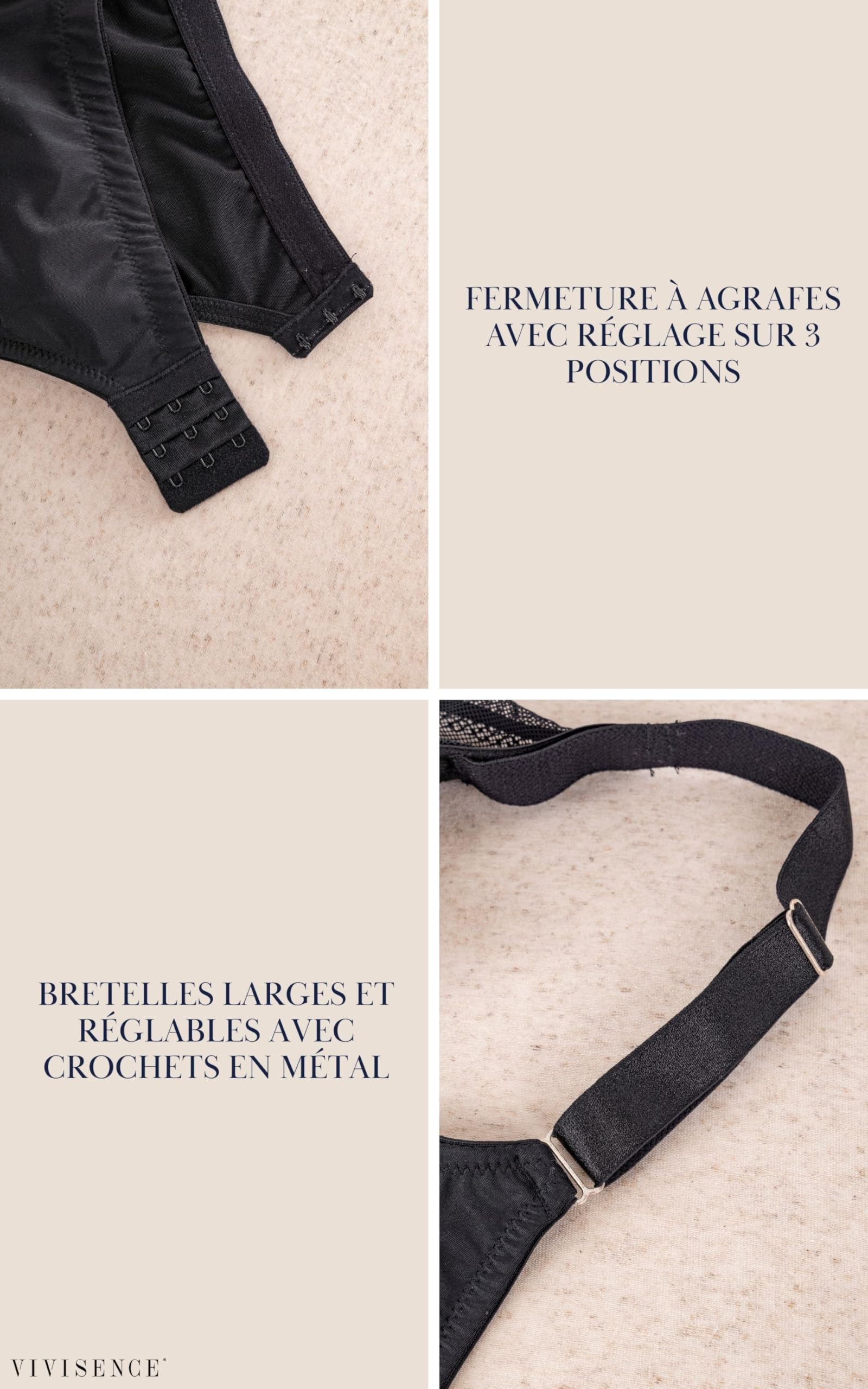 VIVISENCE Soutien-Gorge Non-Rembourré Femme avec Bonnets Souples en Tricot Stable Baleines Verticales Bretelles Larges Réglables Dos en Tricot Lisse Fermeture Agrafes 3 Positions 1076