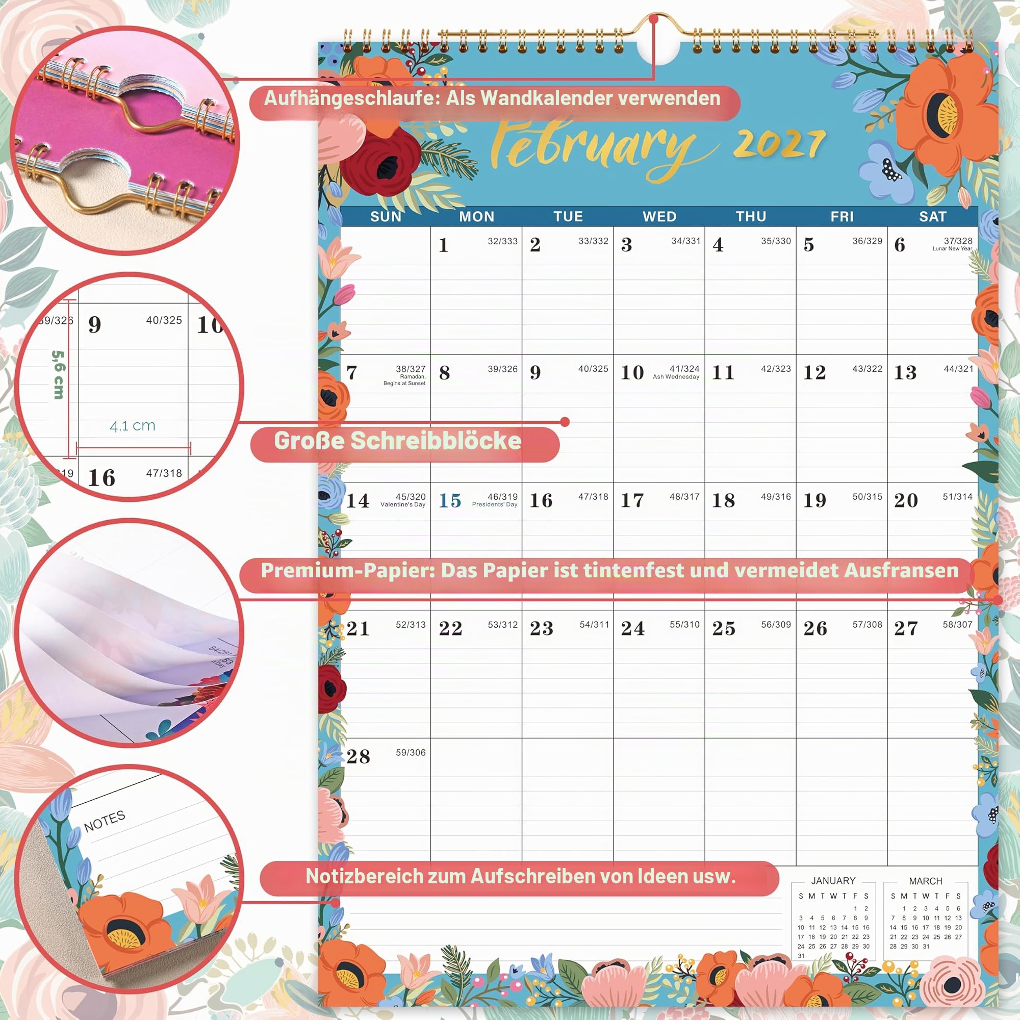Wandkalender 2026 – Kalender 2026 von Januar 2026 bis Dez. 2026, Kalender 2026, 12 Monate, 30,5 x 43,2 cm, große linierte Blöcke, perfekt für Zuhause oder Büro