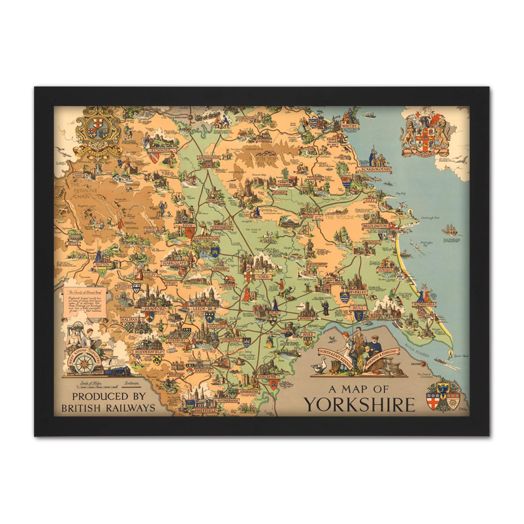 Artery8 Map Clark 1949 Yorkshire England British Railways Artwork Framed Wall Art Print 18X24 Inch