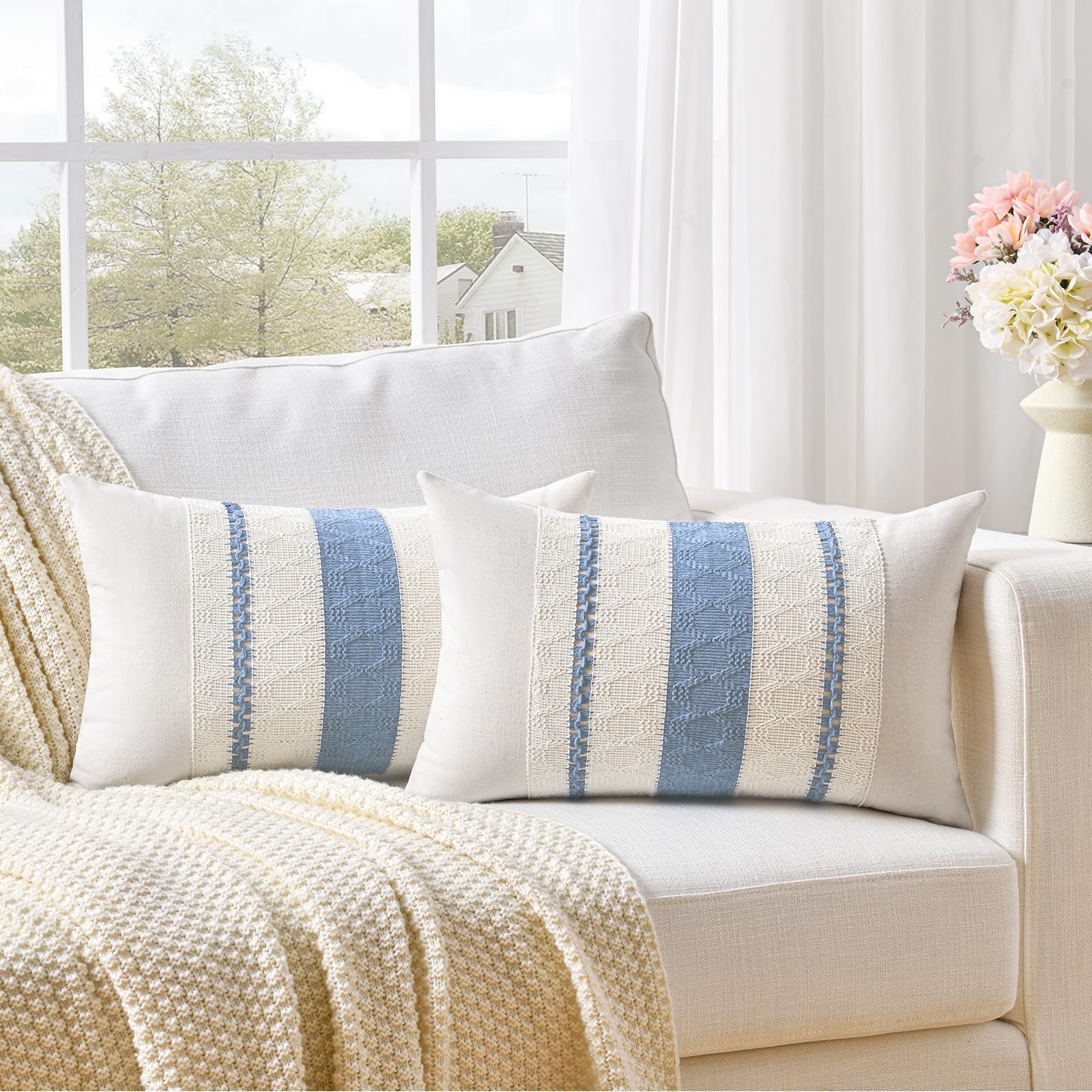 Fancy Homi Set of 2 Boho Light Blue Lumbar Decorative Throw Pillow Cover 12x20 Inch for Couch Bed Sofa Chair, Modern Organic Farmhouse Home Decor, Soft Cotton Cute Accent Rectangle Cushion Case