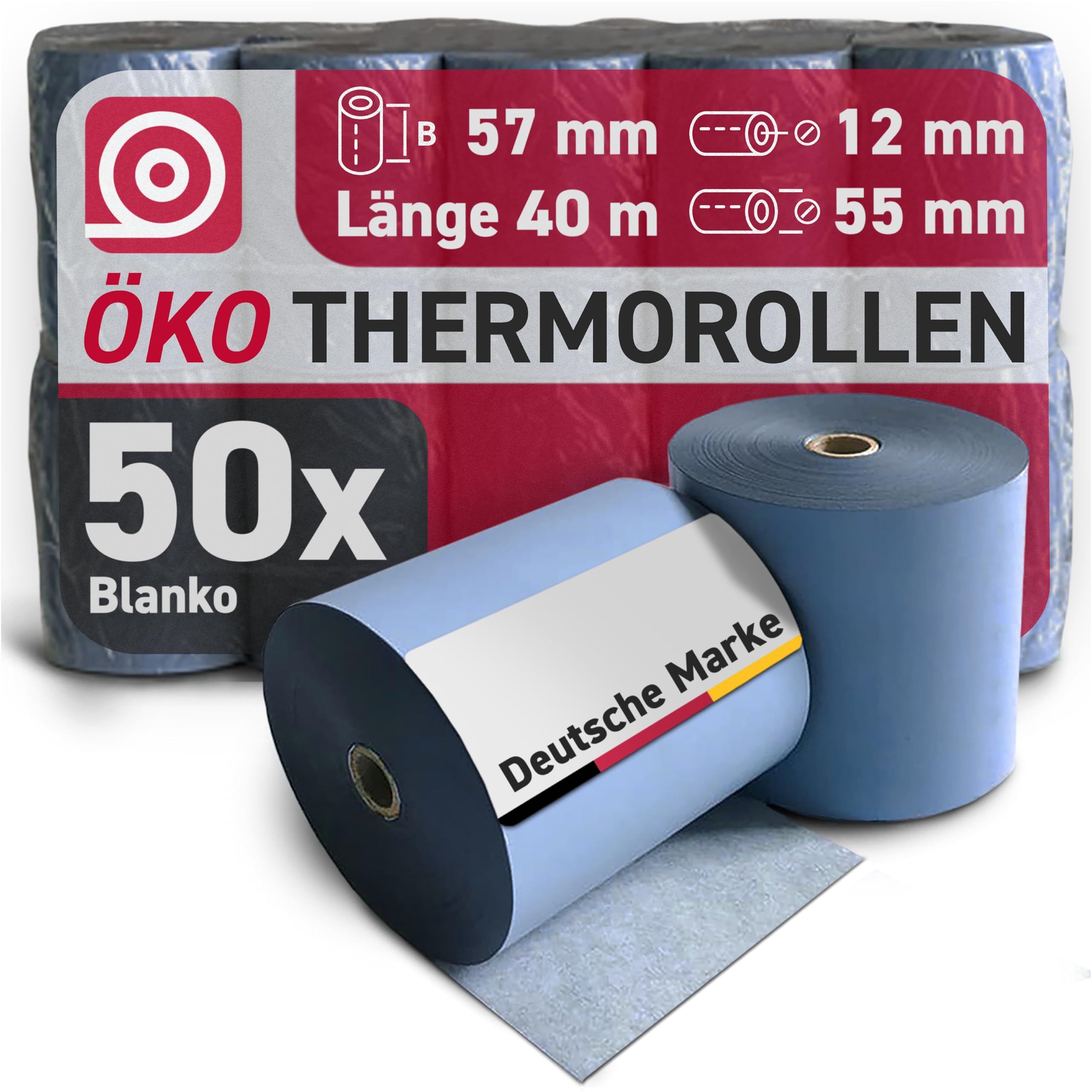 Blue4est® Öko Thermorolle 57 mm x 40m x 12 mm - umweltfreundliches Thermopapier 48 g/m² - 50 Kassenrollen mit ca. 55 mm Rollendurchmesser - Ökobon für EC-Cash und Kassenbondrucker