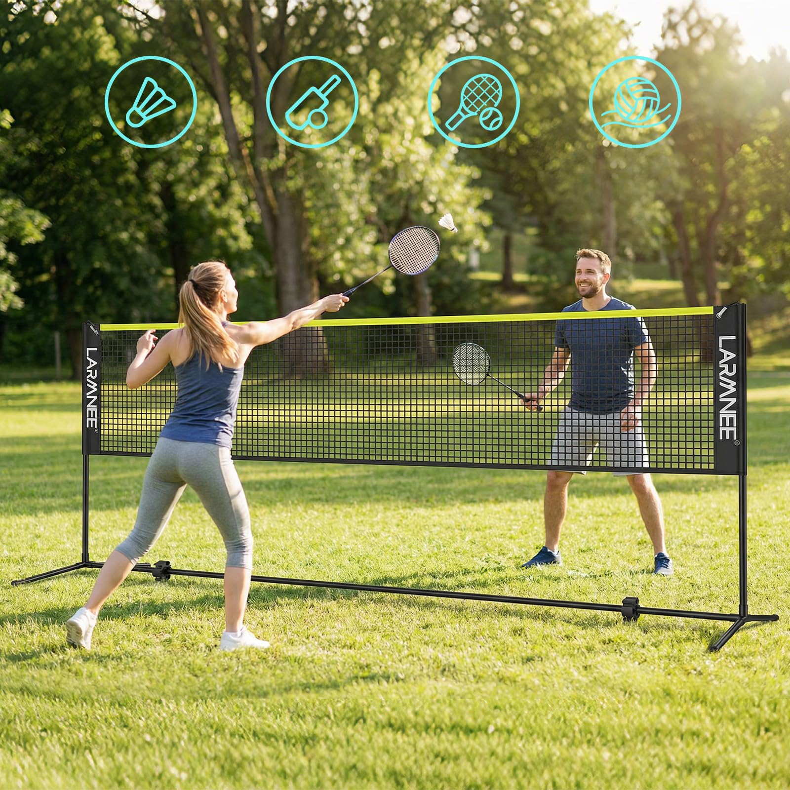 LARMNEE Rete da badminton, rete da pallavolo, rete da volano, regolabile in 3 altezze, 107/120/155 cm, set portatile per tennis, badminton o pallavolo, per giardino, interni, esterni
