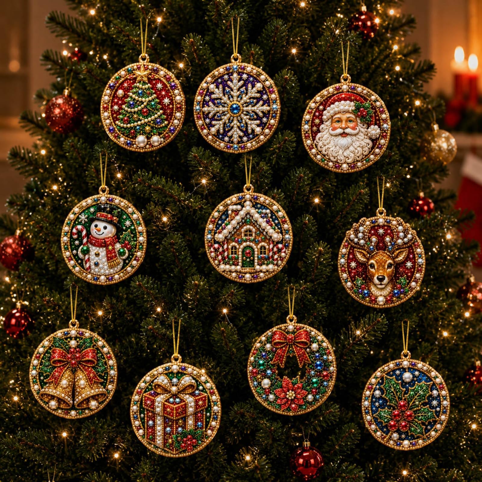 Christmas Diamond Painting Kit, 10 PCS Pearl Art Acrylic Hanging Ornaments