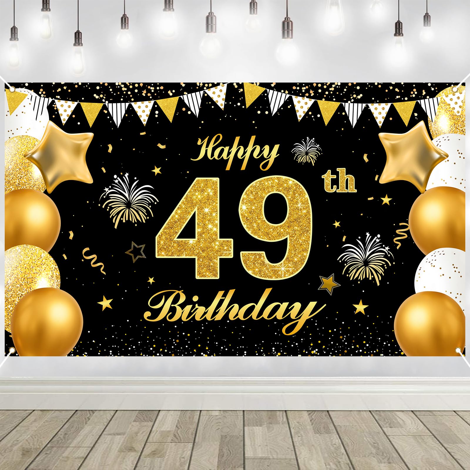49th Birthday Decorations Banner Gold Black Happy Birthday Door Banner for Party Photo Backdrop for Men Women Home Outdoor Cover Party Decoration Supplies Poster