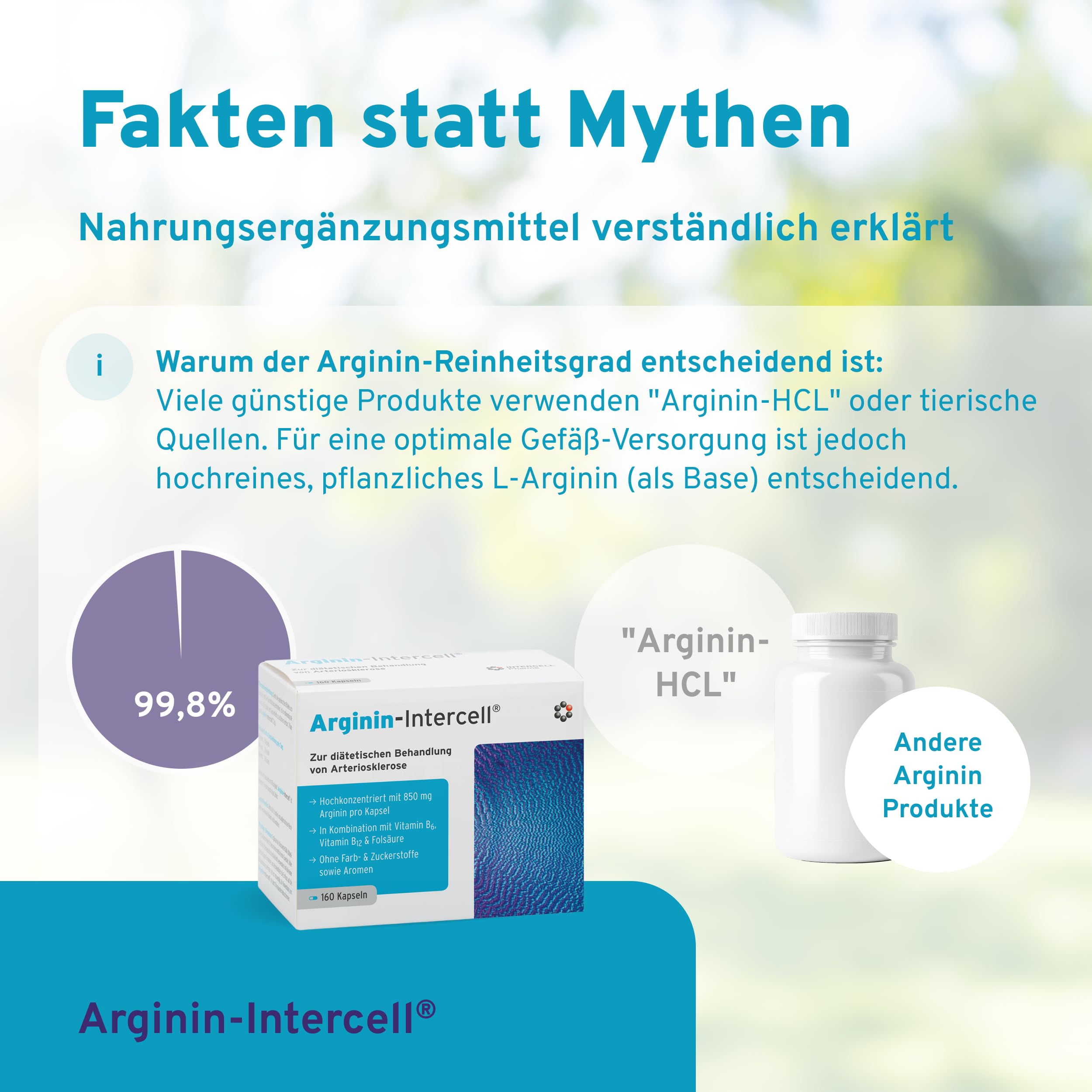 Arginin Intercell (160 Kapseln) – Reines L-Arginin Base aus pflanzlicher Fermentation (99,8%) – Hochdosiert zum Diätmanagement – Mit B6, B12 & Folsäure – Vegan