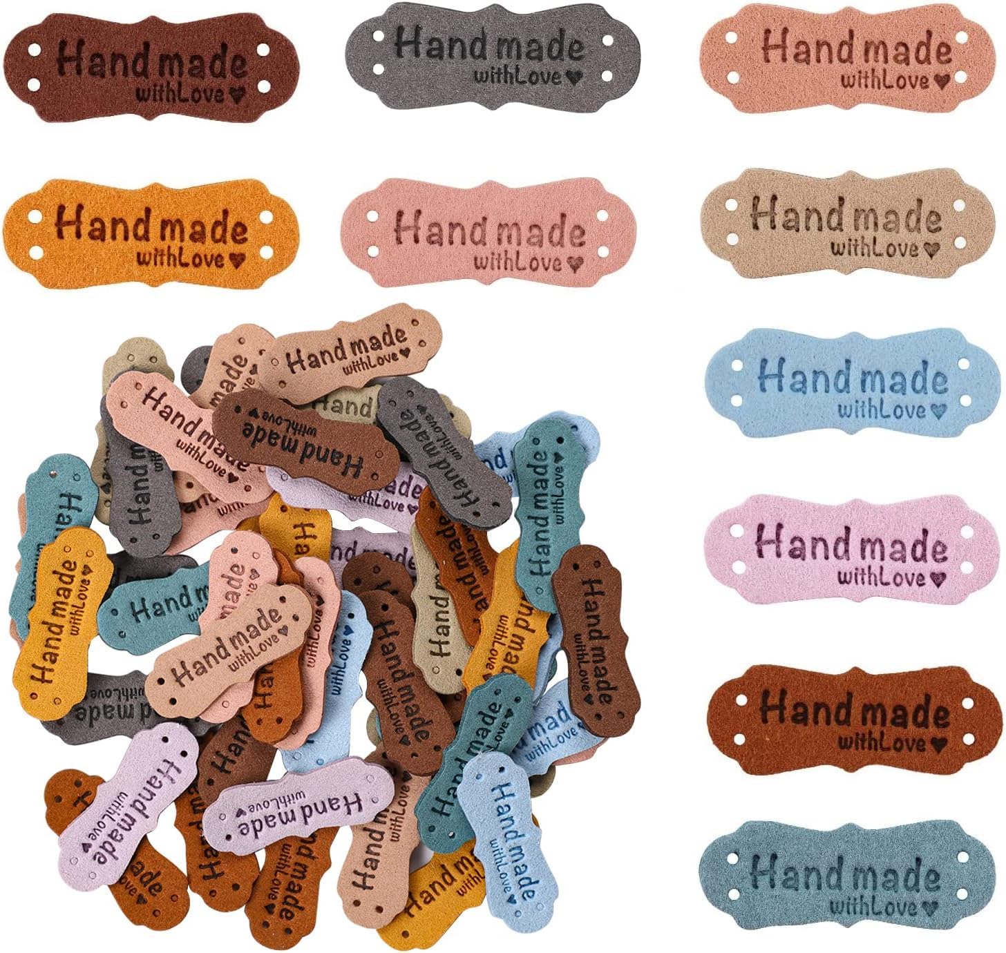 Handmade Leather Labels, 50PCS Microfiber Colorful Leather Hat Labels 5 Colors Handmade Embossed Crochet Tags with Love Hearts Sewing Labels with Holes for Crafts Sewing Jeans Hat