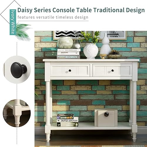 Miniatura 6 de P PURLOVE Daisy Series - Mesa consola pequeña, diseño tradicional con dos cajones y estante inferior para sala de estar y dormitorio