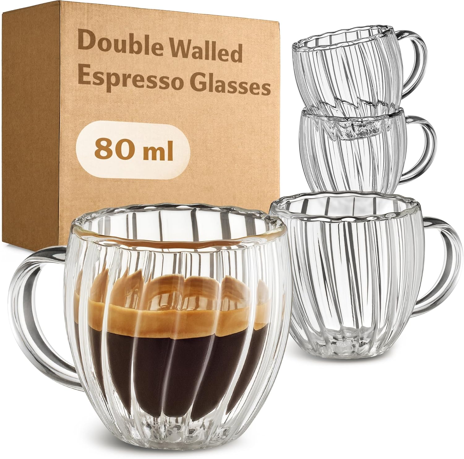 Cosumy Double Walled Espresso Glass Cups 80ml – Set of 4 Handled Cups – Heat Insulating, Protects Your Hands – Floating Effect – Ribbed Design – Dishwasher Safe