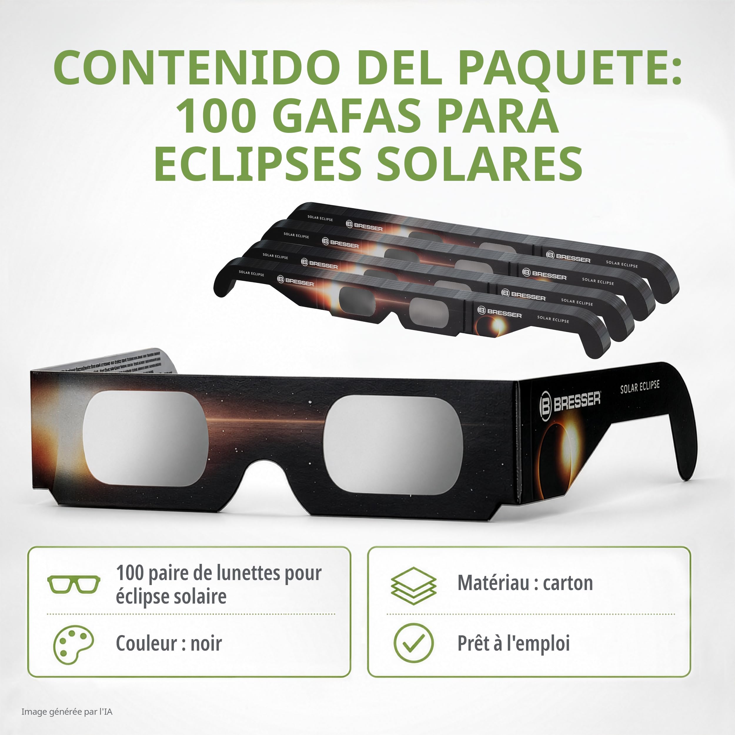 BRESSER Lunettes Eclipse Solaire certifiée CE ISO 12312-2 lot de 100