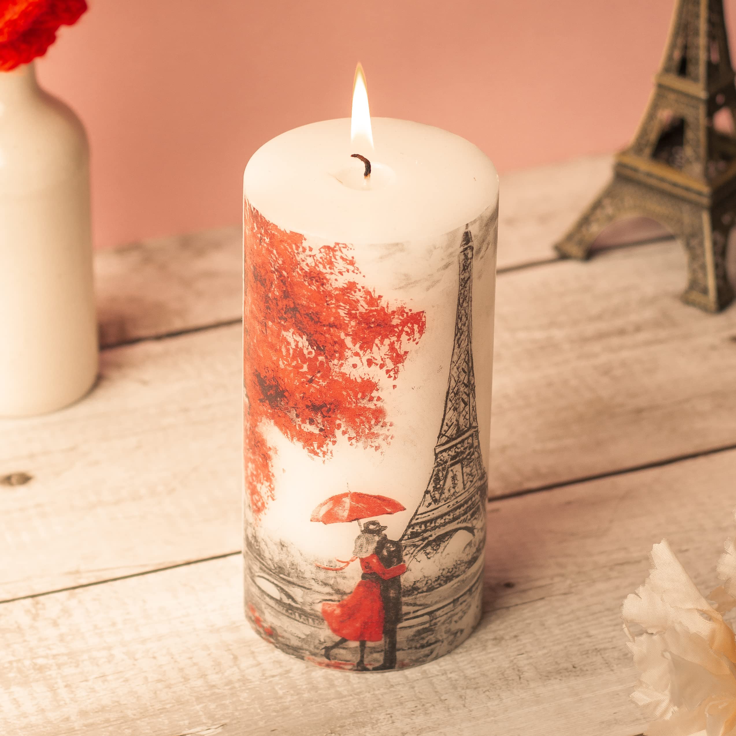 AuraDecor Eiffel Tower Theme Pillar Candle 3x6 Inch White | Unscented Wax Decorative Paris Style Romantic Gift Home Decor (Love of Paris)-image-17