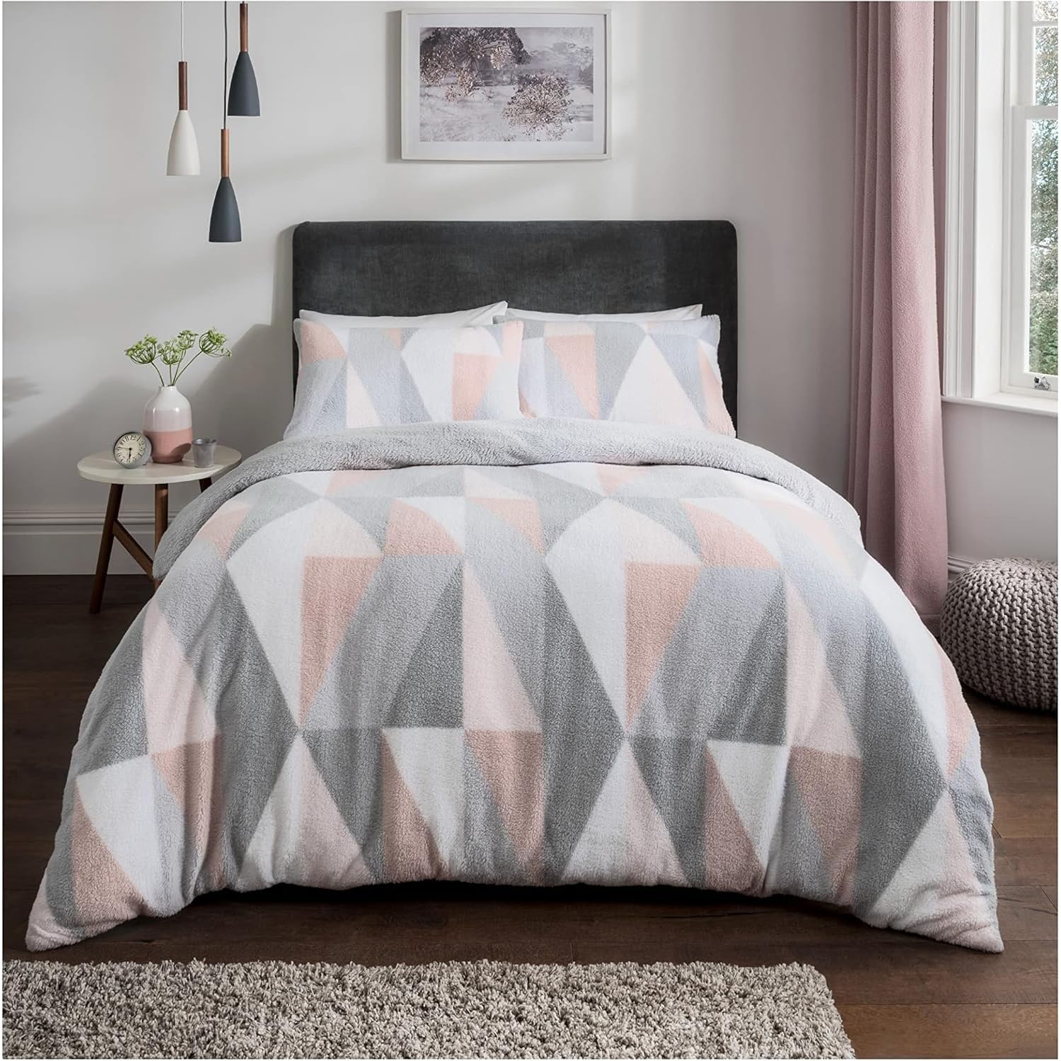 Rackhams Pink Luxurious Geo Triangle Fleece Duvet Cover With Pillowcases - Blush - Super King (220Cm X 260Cm)