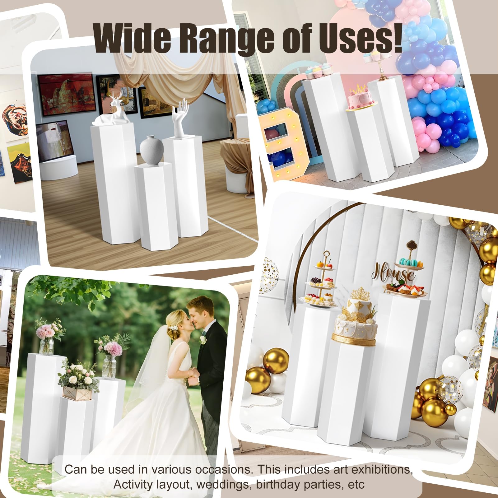 Stand de piédestal Hexagonal, Ensemble 3 étalages en Fer pour Un Cadeau gâteau, réutilisable Le décor d'événements d'anniversaire Douche bébé, piliers Mariage la fête Blanc