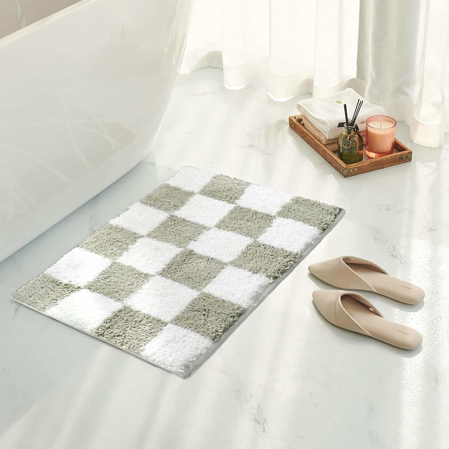 Tititex Luxury Sage Green White Checkered Grid Bathroom Rug