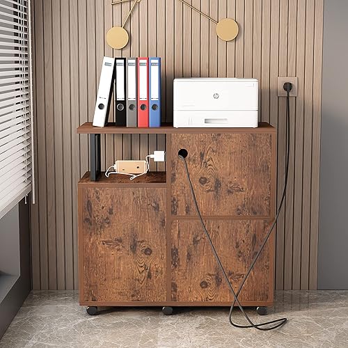 Miniatura 7 de MIN WIN Archivador lateral de oficina de 3 niveles con toma de corriente, pequeño soporte de madera para impresora rodante, soporte para horno