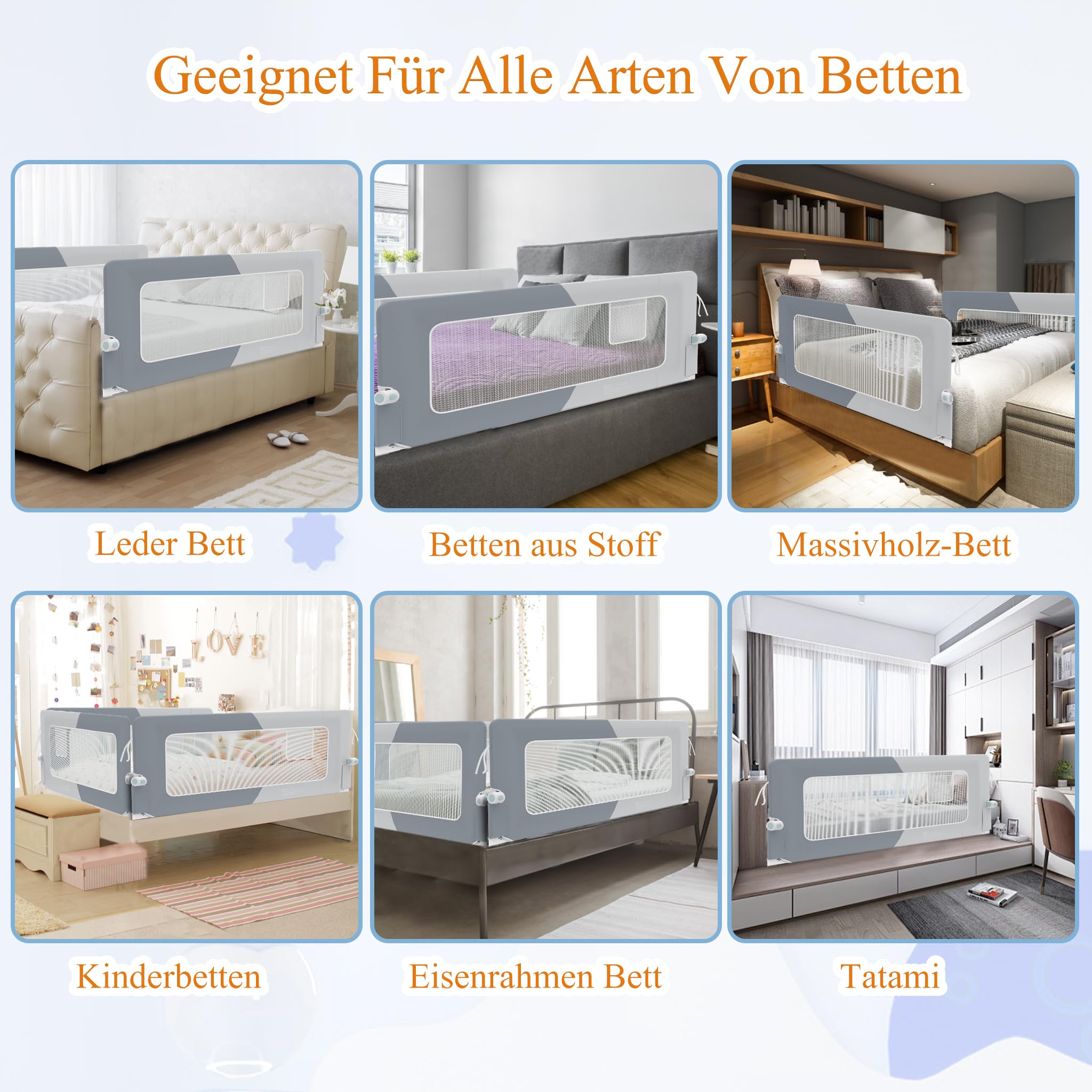 YUENFONG Barrera de cama de 200 cm, protección anticaídas para niños, altura regulable de 72 a 96 cm, plegable, color gris oscuro y gris claro