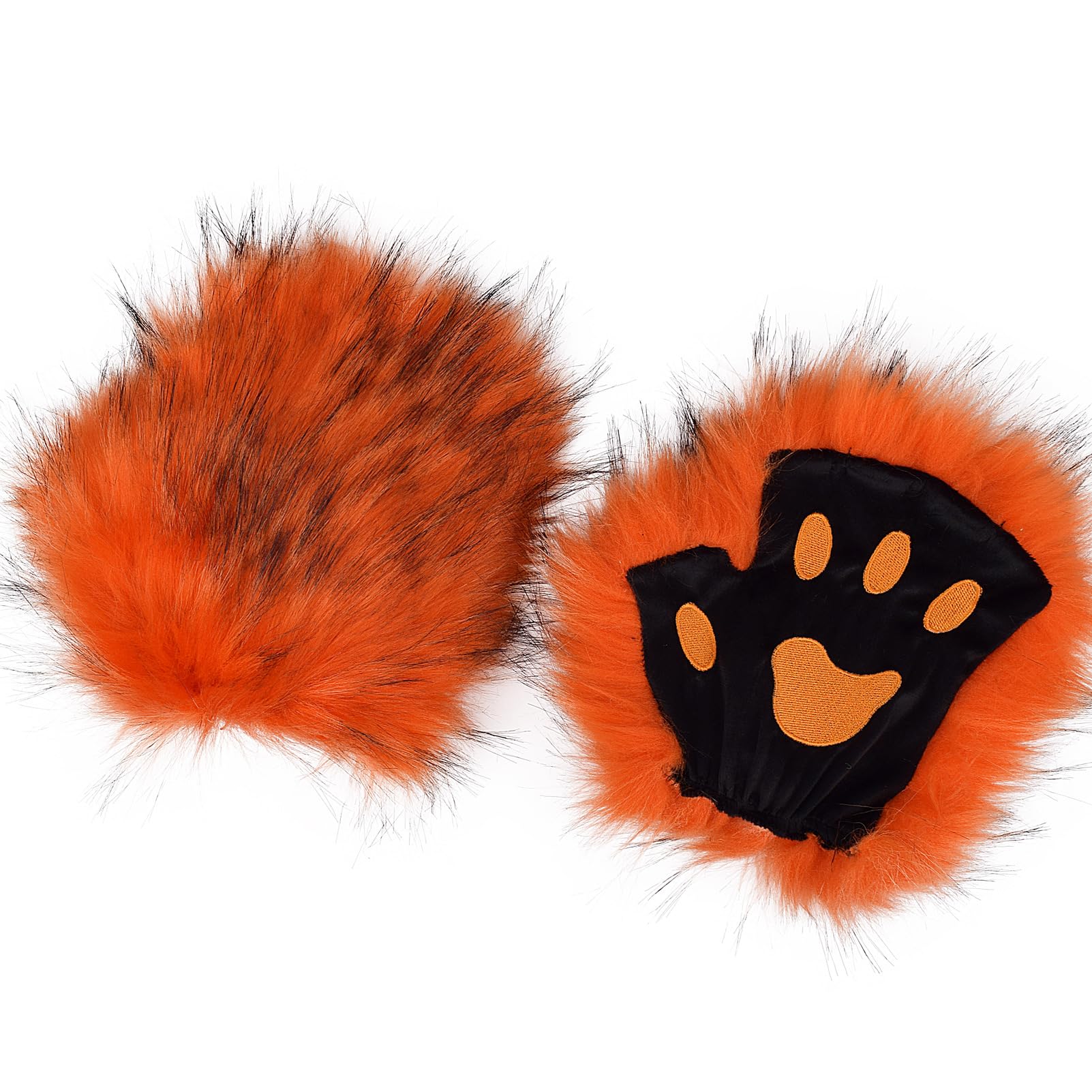 TINAYAUE Wolf Paw Gloves Furry Bear Dog Cat Paws Gloves Faux Fur Fingerless Glove Werewolf Costume Cute Animal Hands Halloween Cosplay Accessories for Adults Kids (Orange, One Size)