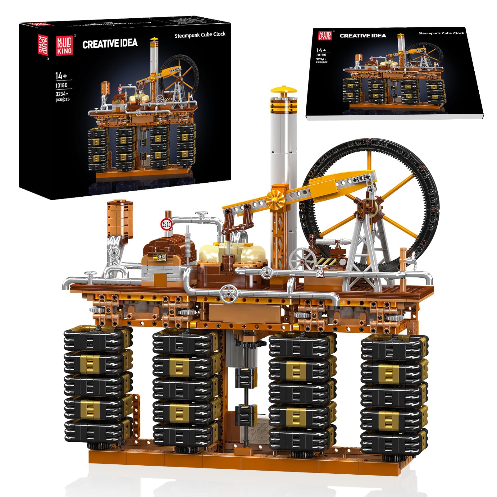Mould King 10180 Technik Steampunk Mechanische Uhr Klemmbausteine Set mit App-Steuerung, Motorisiertes Zahnrad Modell, DIY Baukasten Tischuhr, Technik Klemmbausteine Spielzeug für Erwachsene