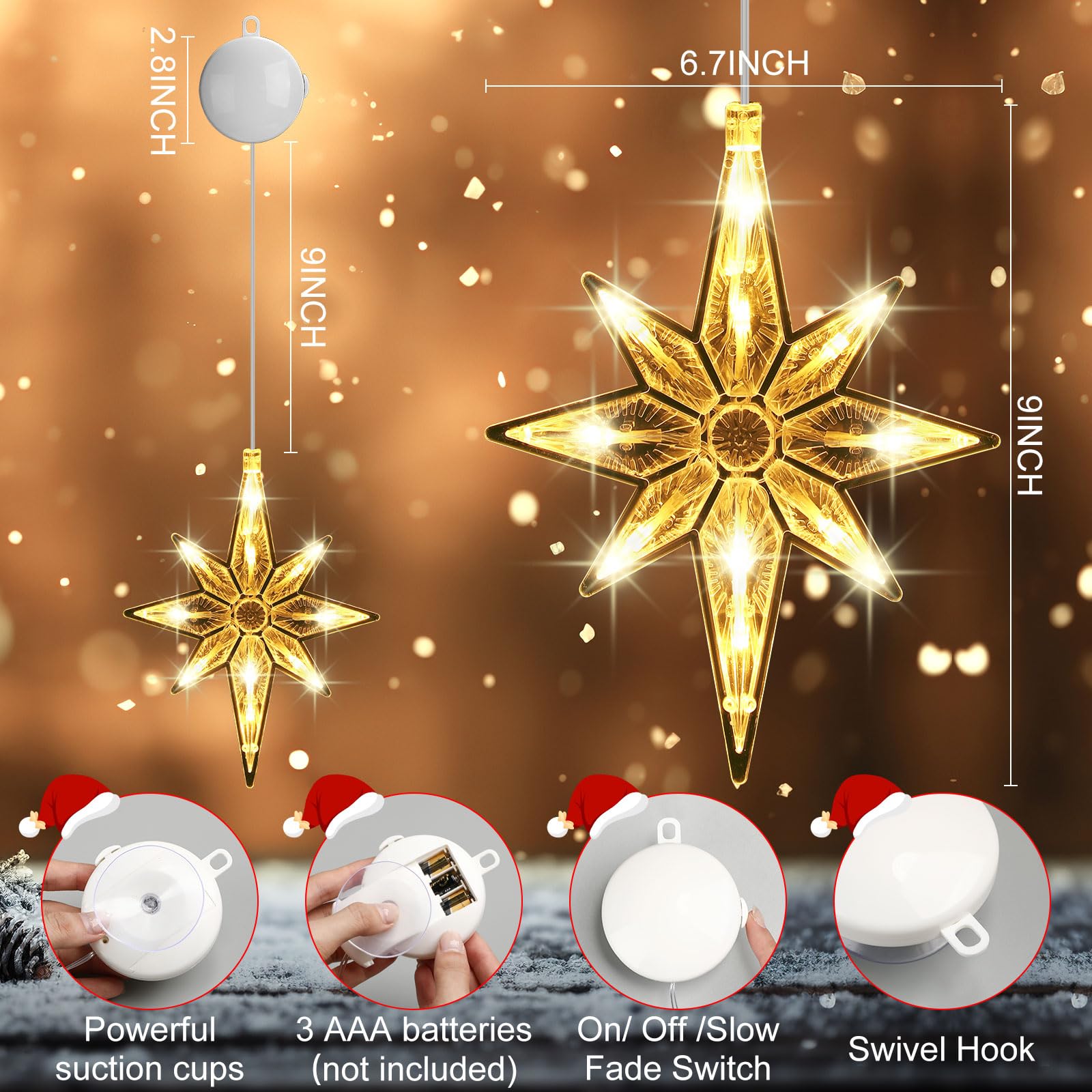 Tujoe 12 Stück Weihnachts-Fensterlichter, Dekorationen, beleuchtete Fenster-Silhouettenlichter mit Timer, Saugnapf, batteriebetrieben für Weihnachten, Urlaub, Neujahr, Innen- und Außenbereich