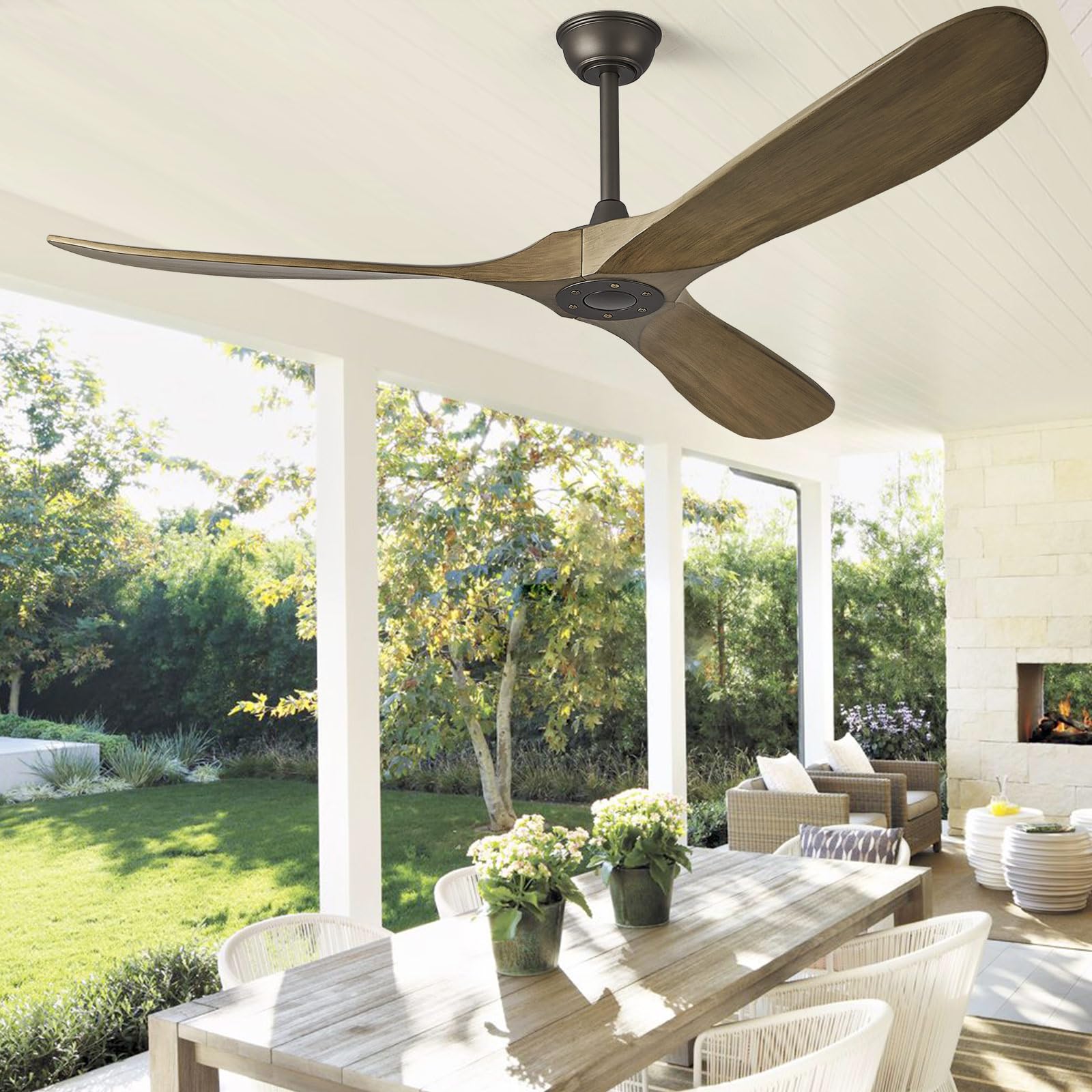 ABZ 60" Ceiling Fan Without Light - 60 inch Propeller Solid Wood Blades Bronze Gray Ceiling Fan no Light with Remote Control for Outdoor Indoor Patio Porch Living Room